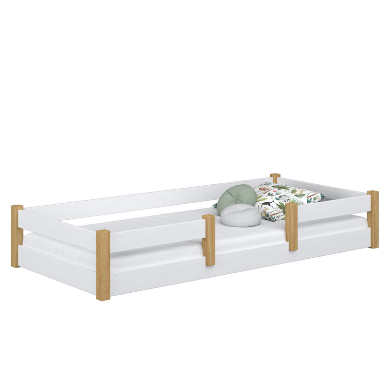 Low Bed Wooden White and Oak – Bedroom, Solid Wood, Scandinavian Style, Nizio