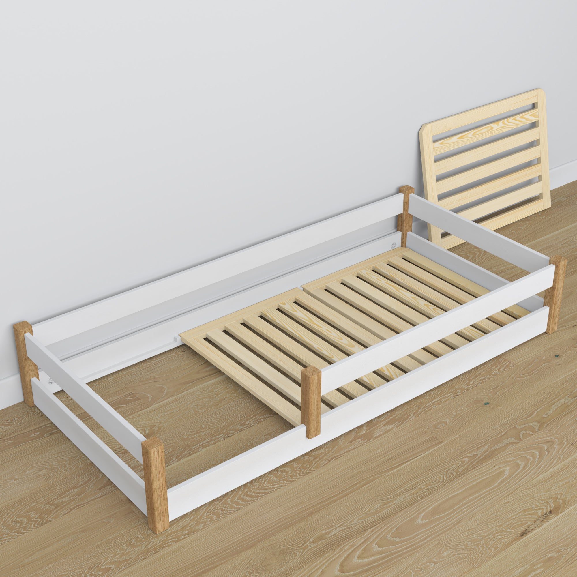 Low Bed Wooden White and Oak – Rear Section and Proportions, Scandi Bedroom