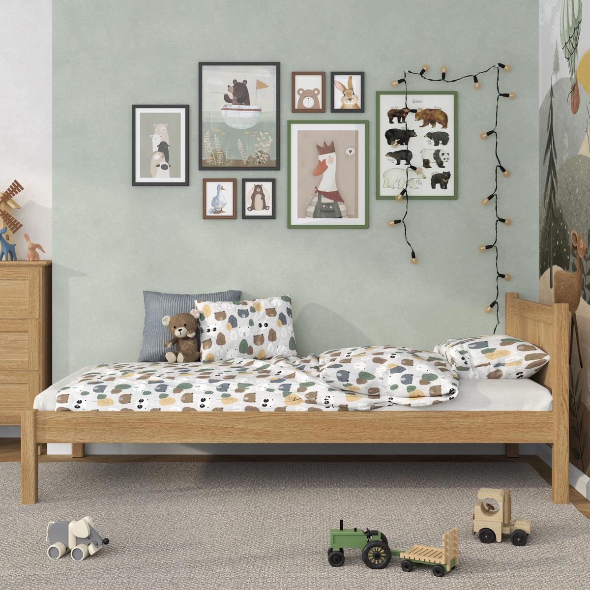 Letto singolo in rovere naturale – vista laterale, proporzioni del mobile