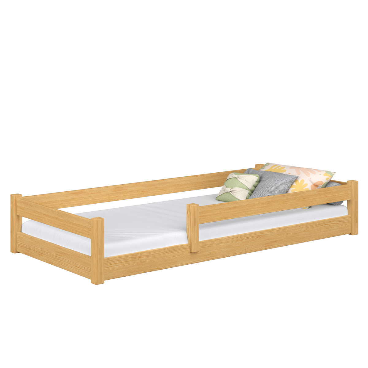 Low Wooden Natural Pine Bed – Bedroom, Solid Wood, Scandinavian Style, Nizio