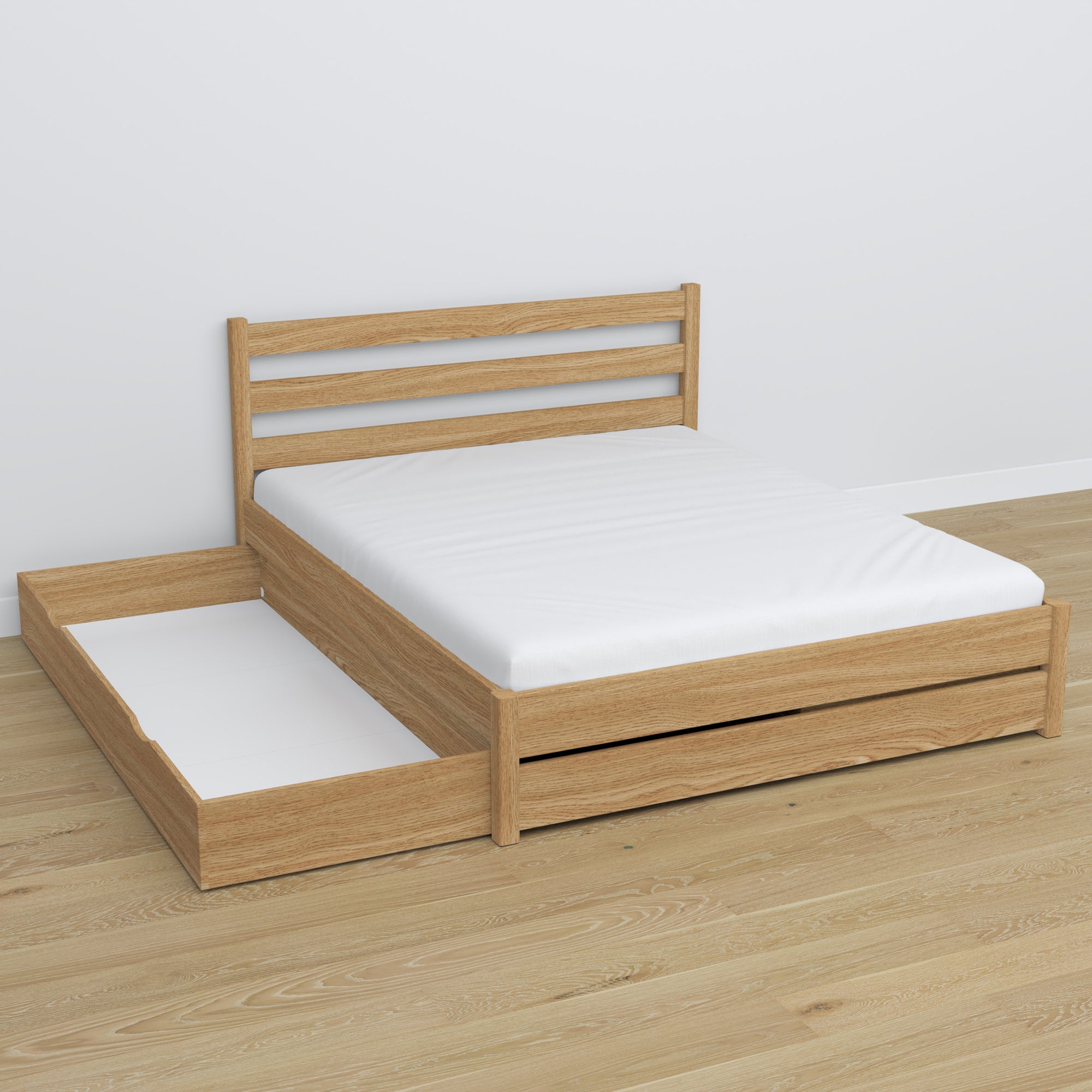 Letto matrimoniale con cassetto in rovere naturale – cassetto aperto, capiente ambiente