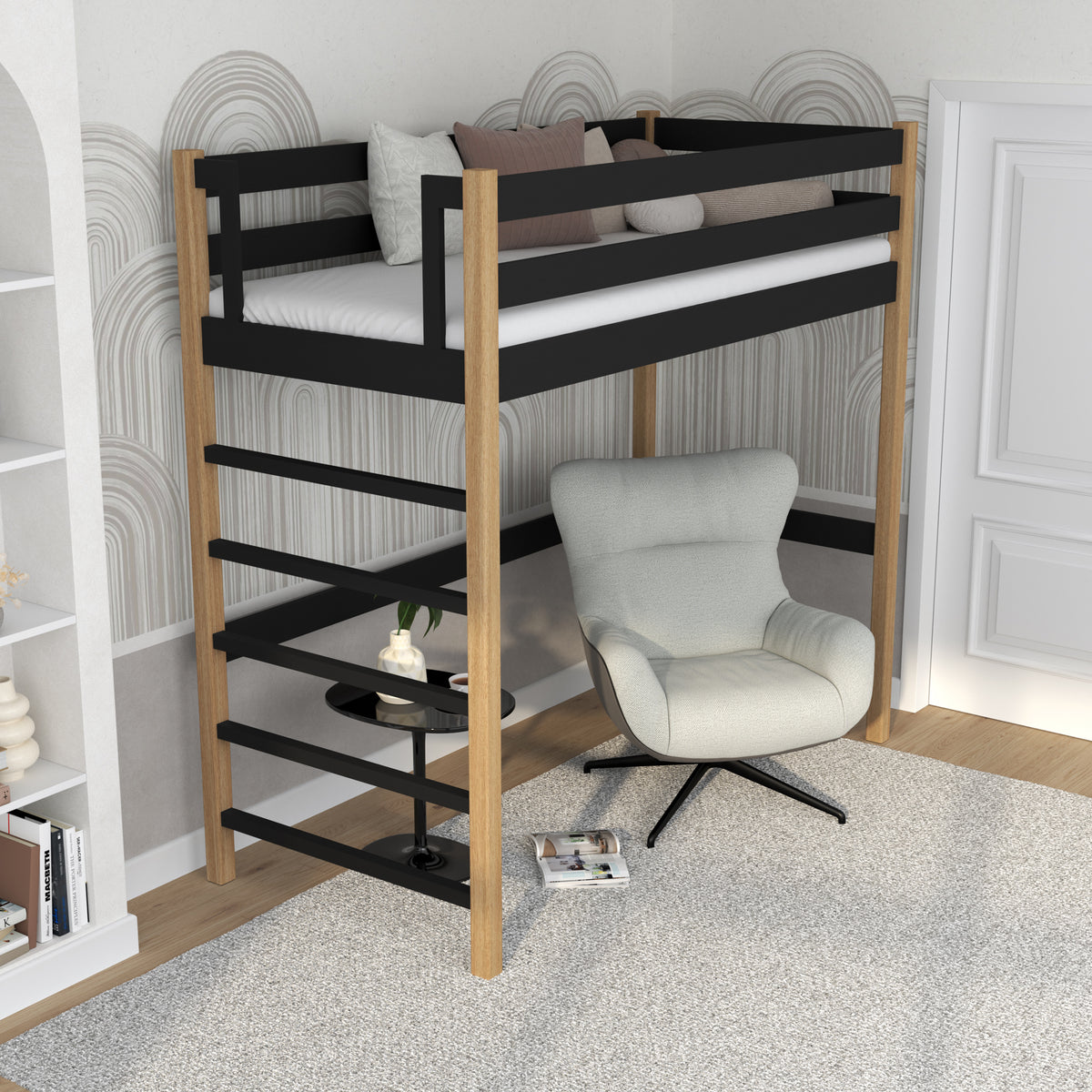 Loft bed black/oak in children’s room – scandi arrangement, wooden