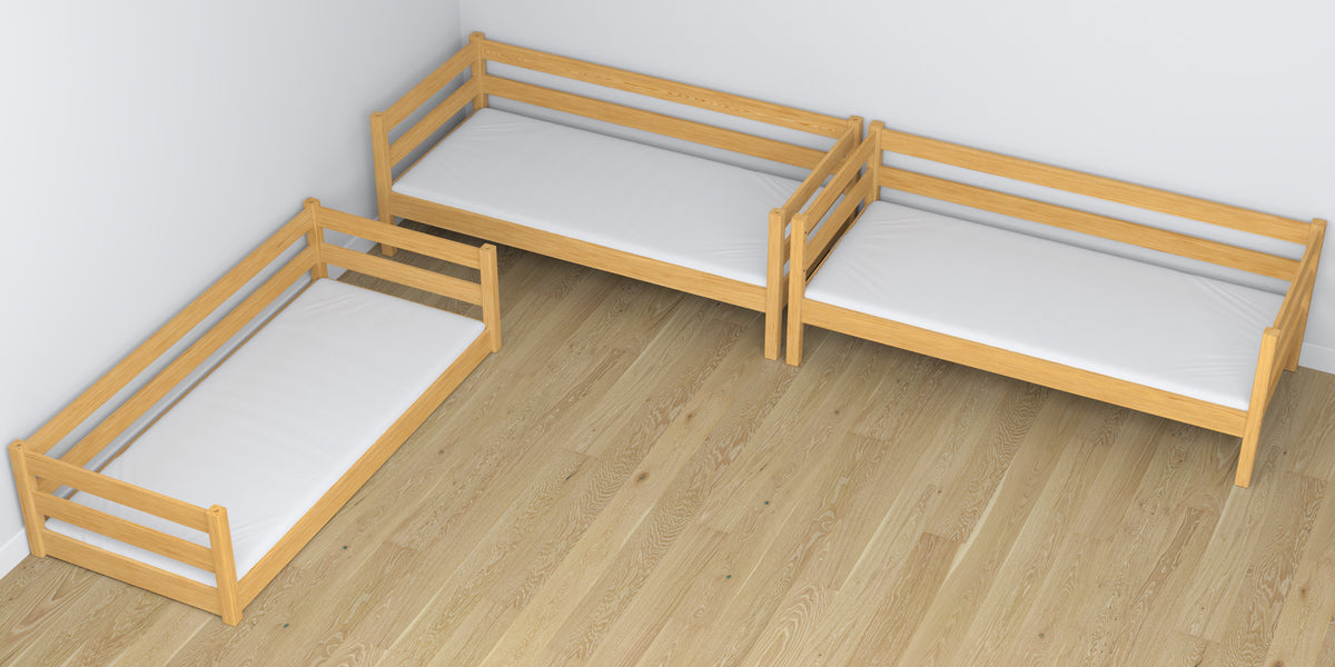 Triple bunk bed wooden natural pine – close-up of joints and construction details