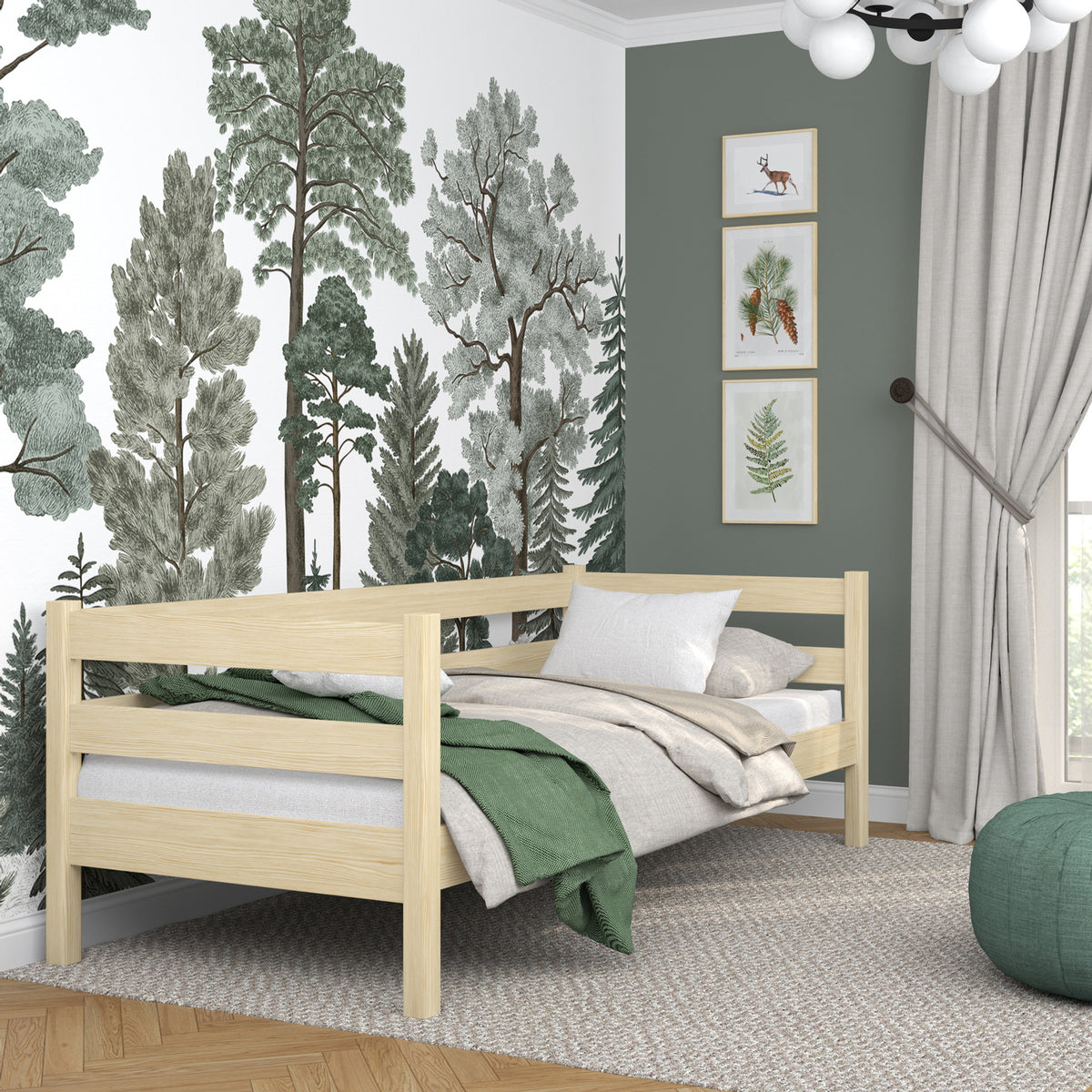 Letto divano in legno pino trasparente – vista laterale, volume del mobile del mobile e proporzioni del mobile