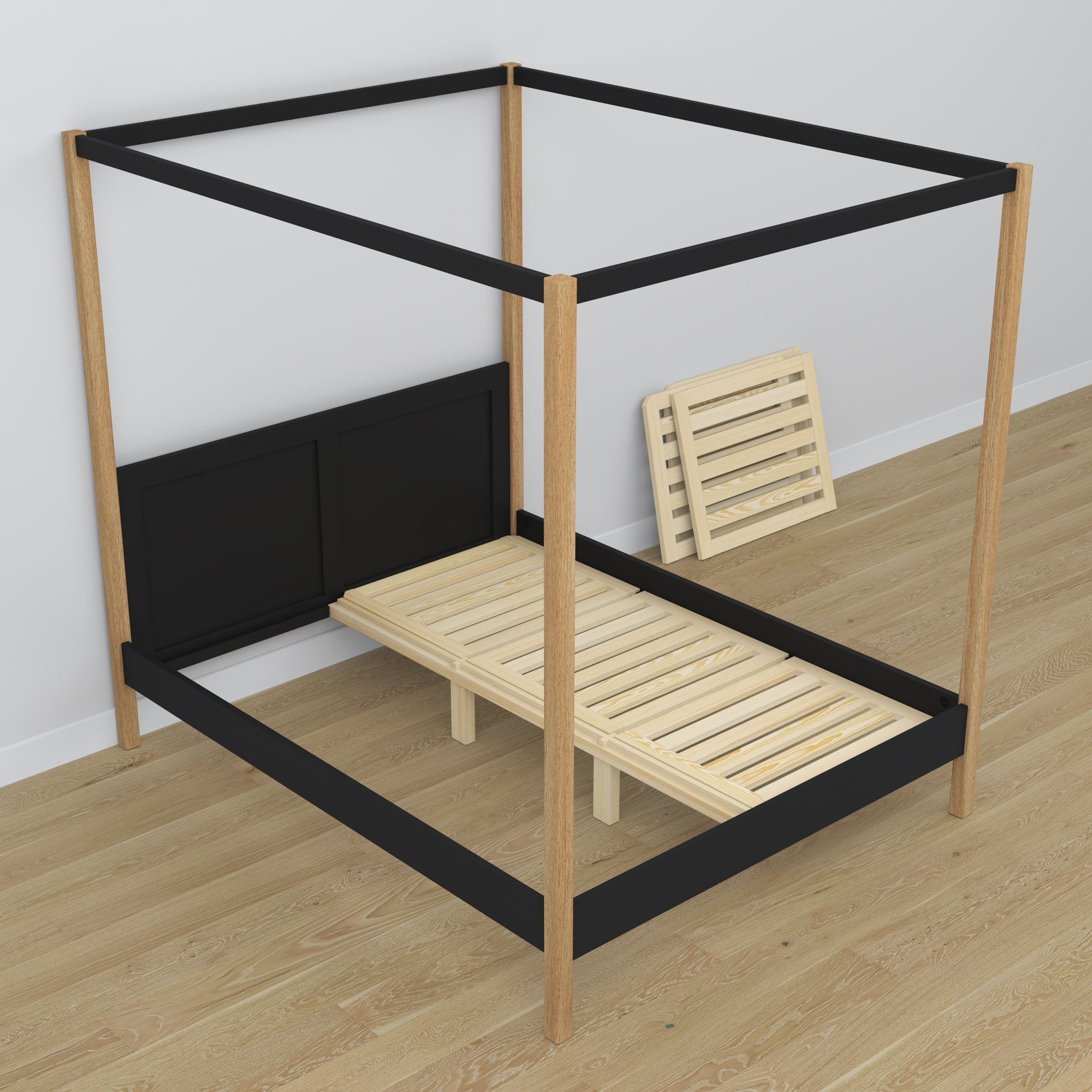 Black-oak canopy bed made of wood – side view, scandi style