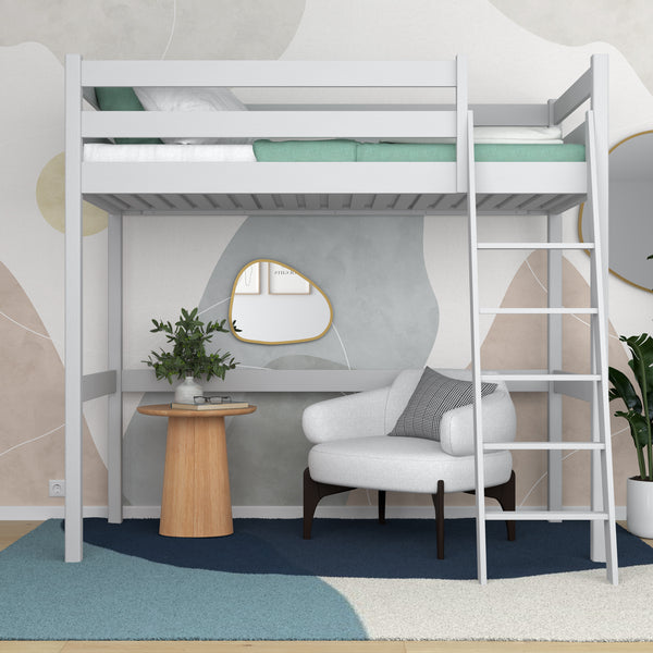 Łóżko antresolowe popielaty – drabinka i barierka drewniane, Nizio Home