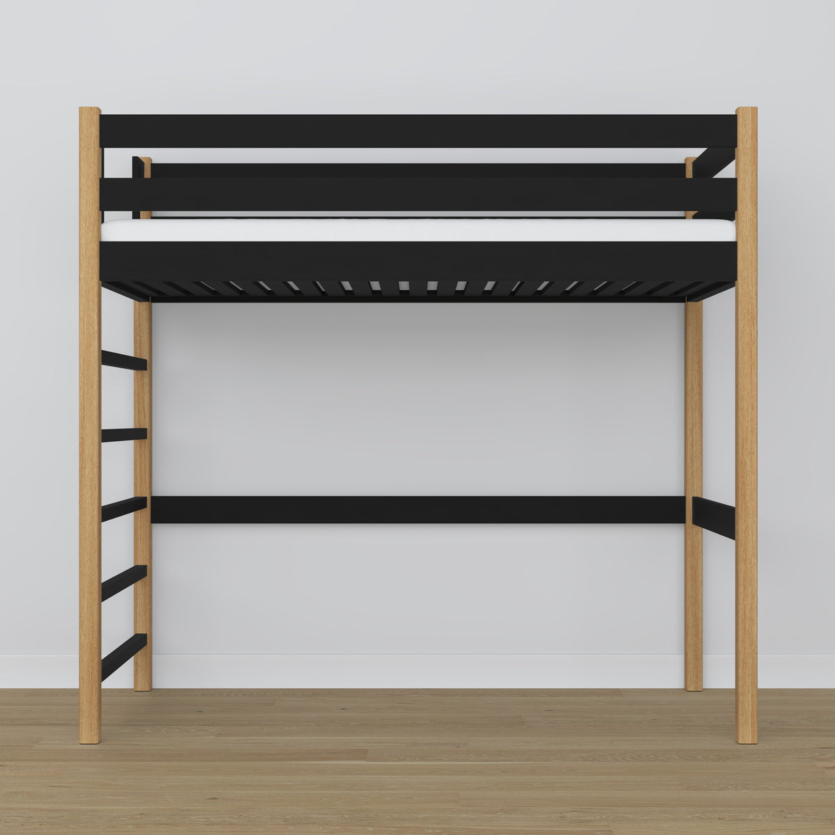 Black and Oak Wooden Loft Bed – Slatted Frame, Side View