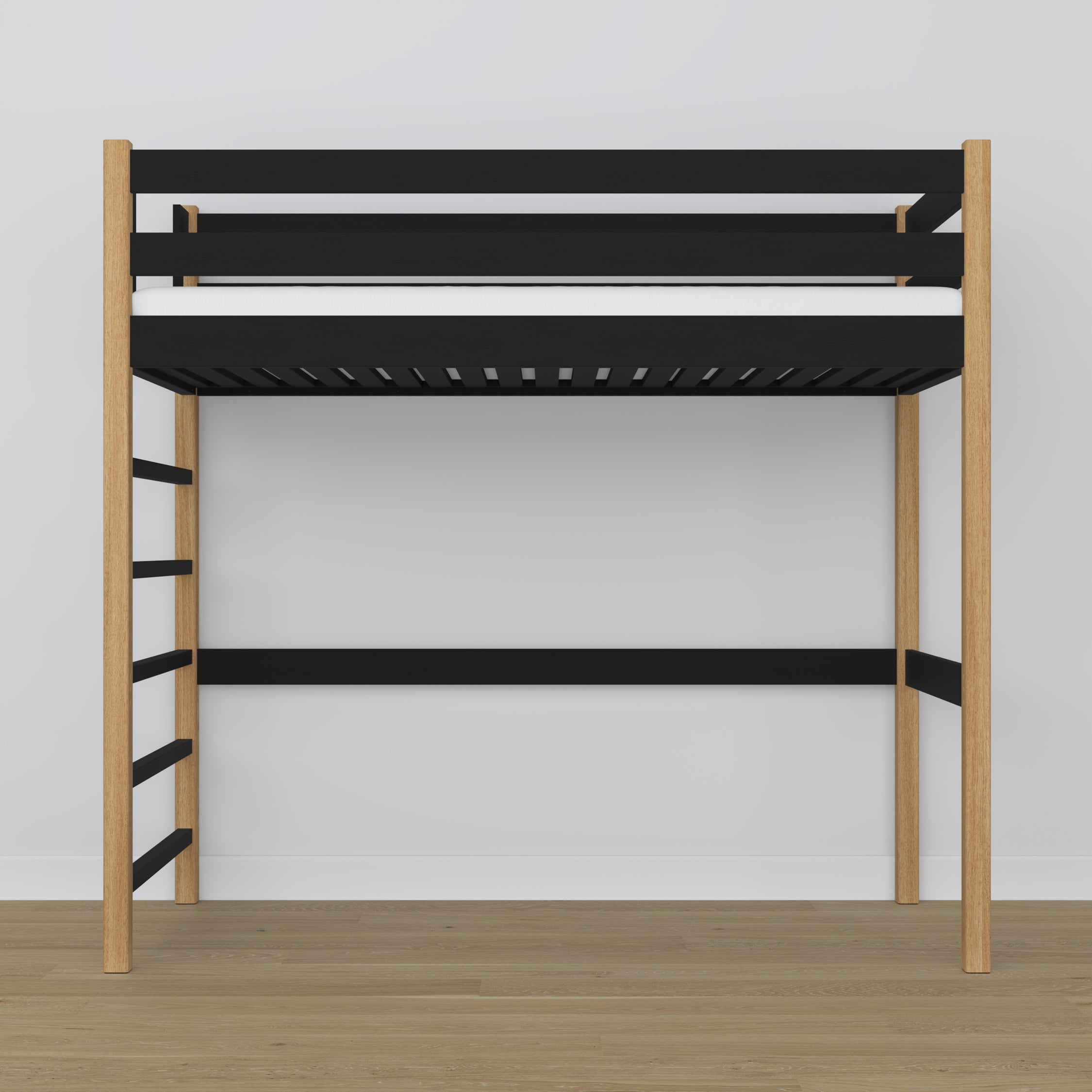 Black and Oak Wooden Loft Bed – Slatted Frame, Side View