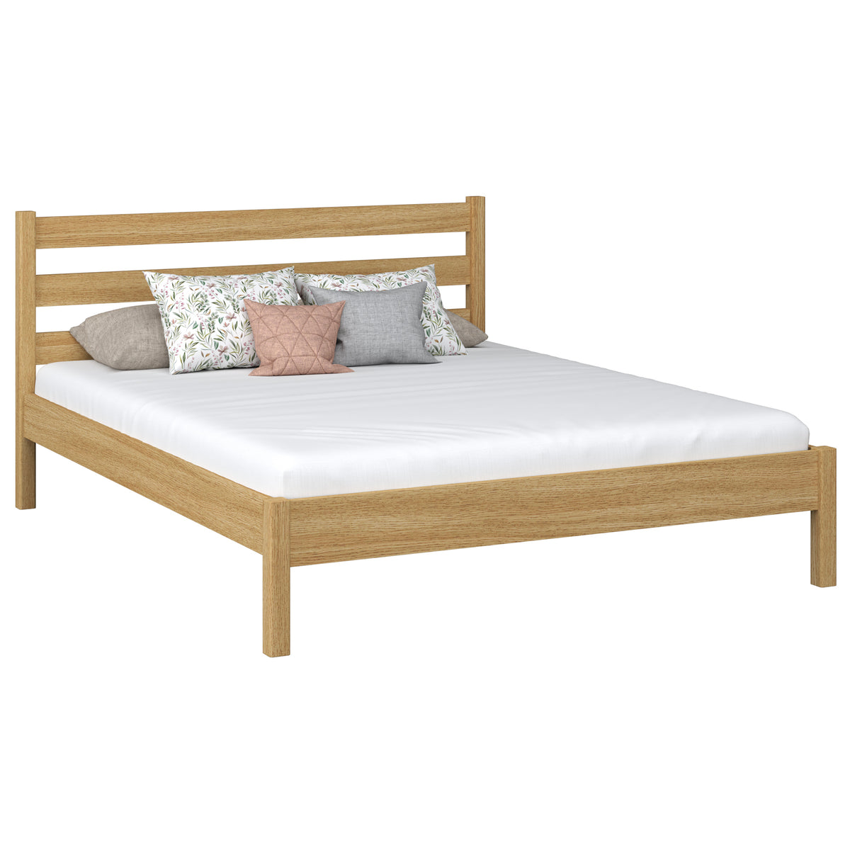 Oak double bed N01 natural oak – overall view, solid oak wood