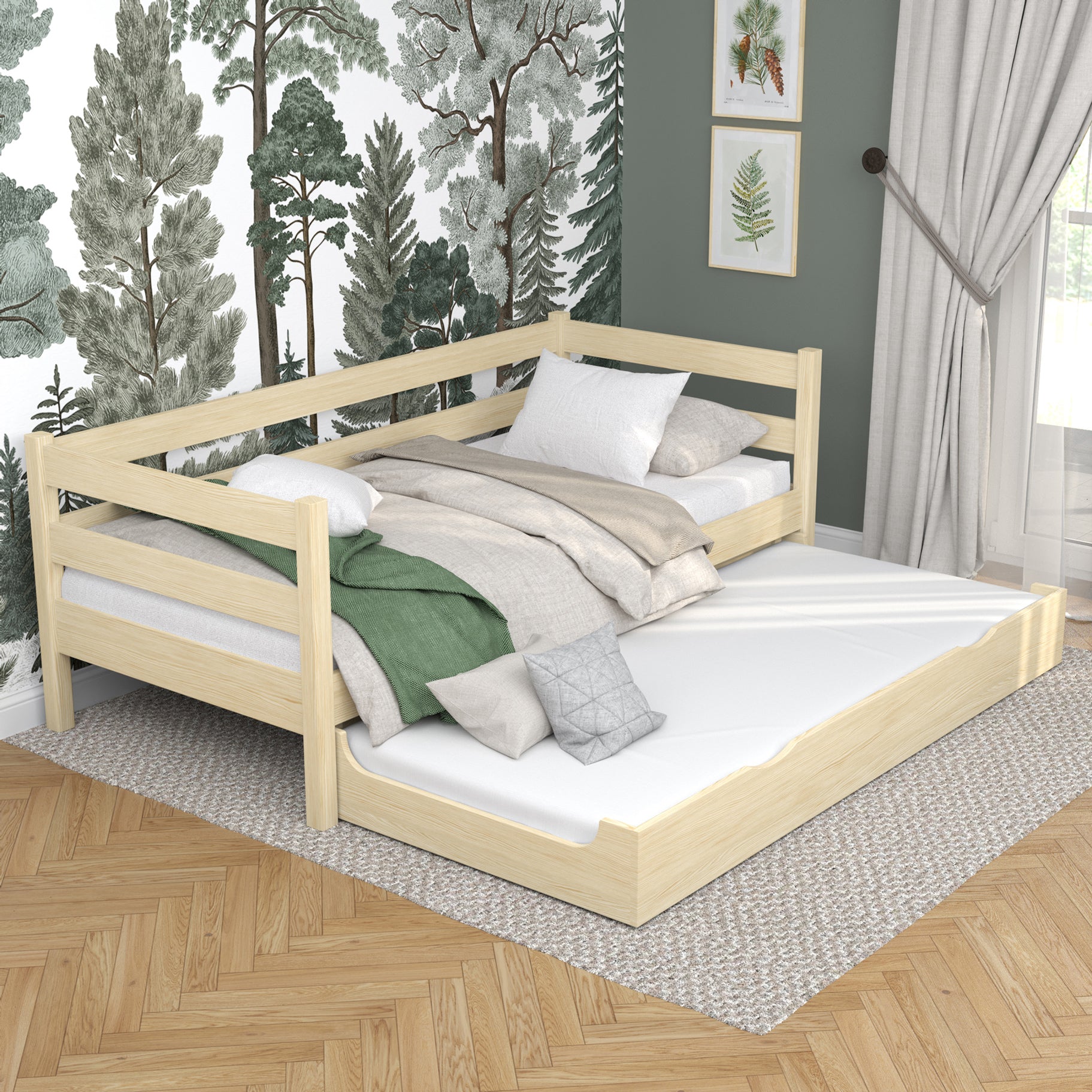 Łóżko sofa z szufladą na materac N01 sosna bezbarwna – widok z boku, solidna konstrukcja drewniana