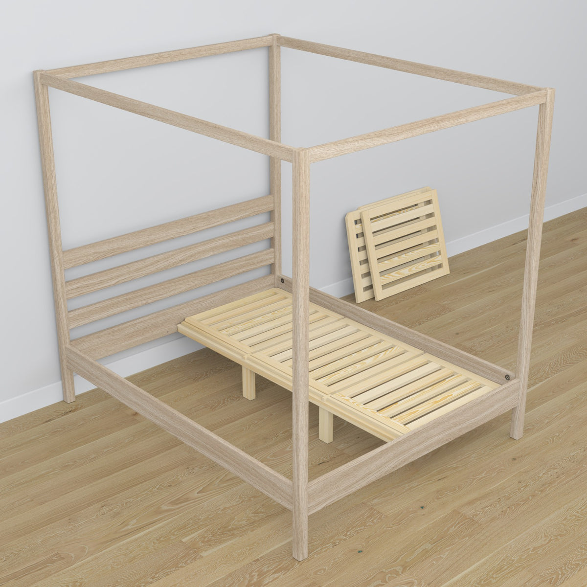 Bleached oak canopy bed made of oak – side view, scandi style
