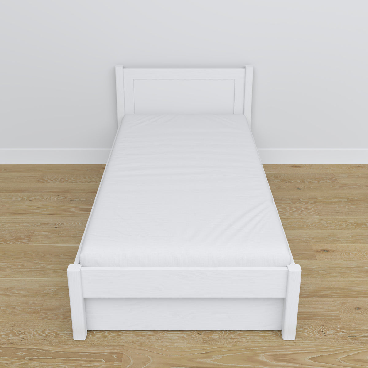 Letto bianco con cassetto – guide e dettagli in legno, Nizio