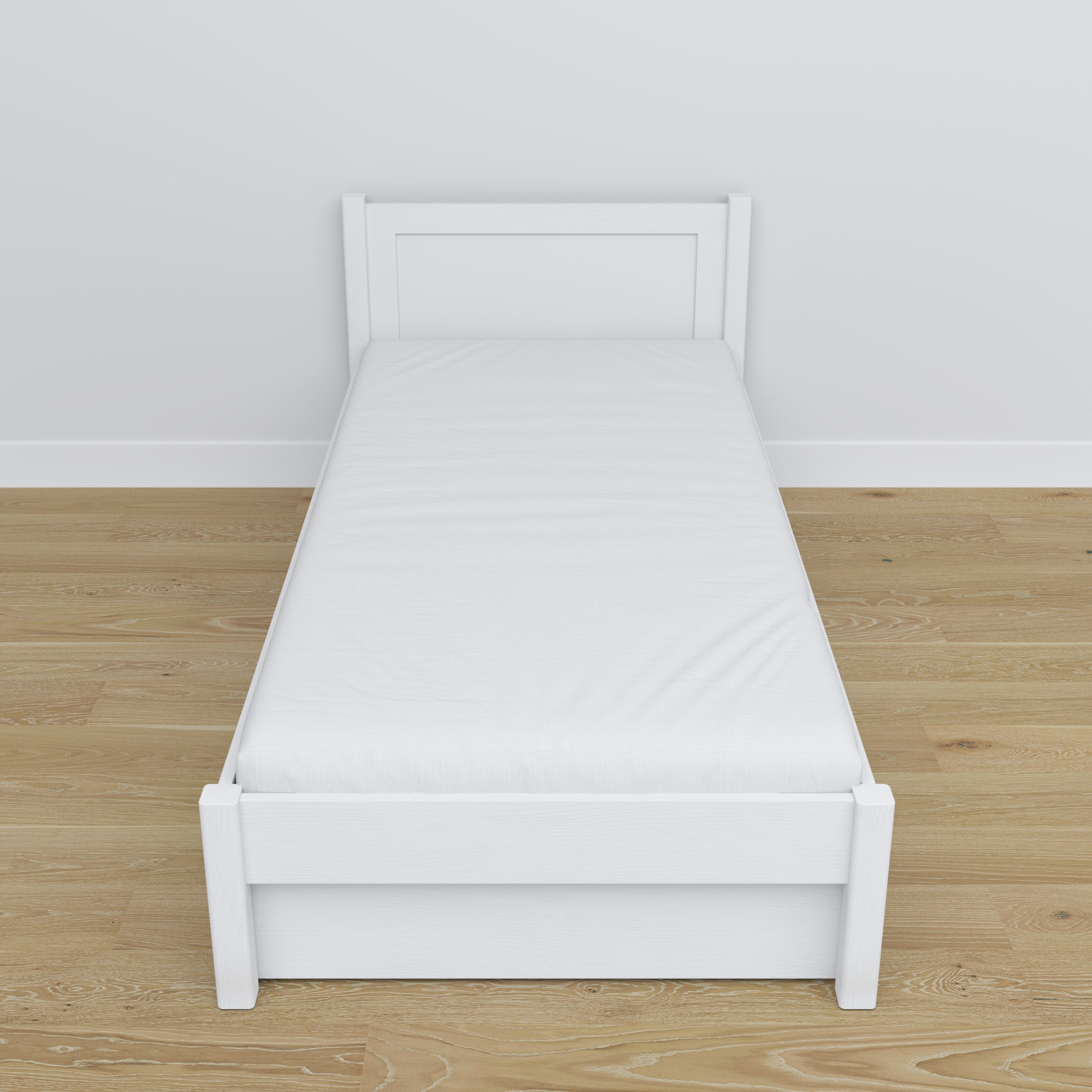 Letto bianco con cassetto – guide e dettagli in legno, Nizio