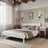 Letto matrimoniale in legno bianco – vista laterale, proporzioni e volume del mobile del mobile, camera da letto