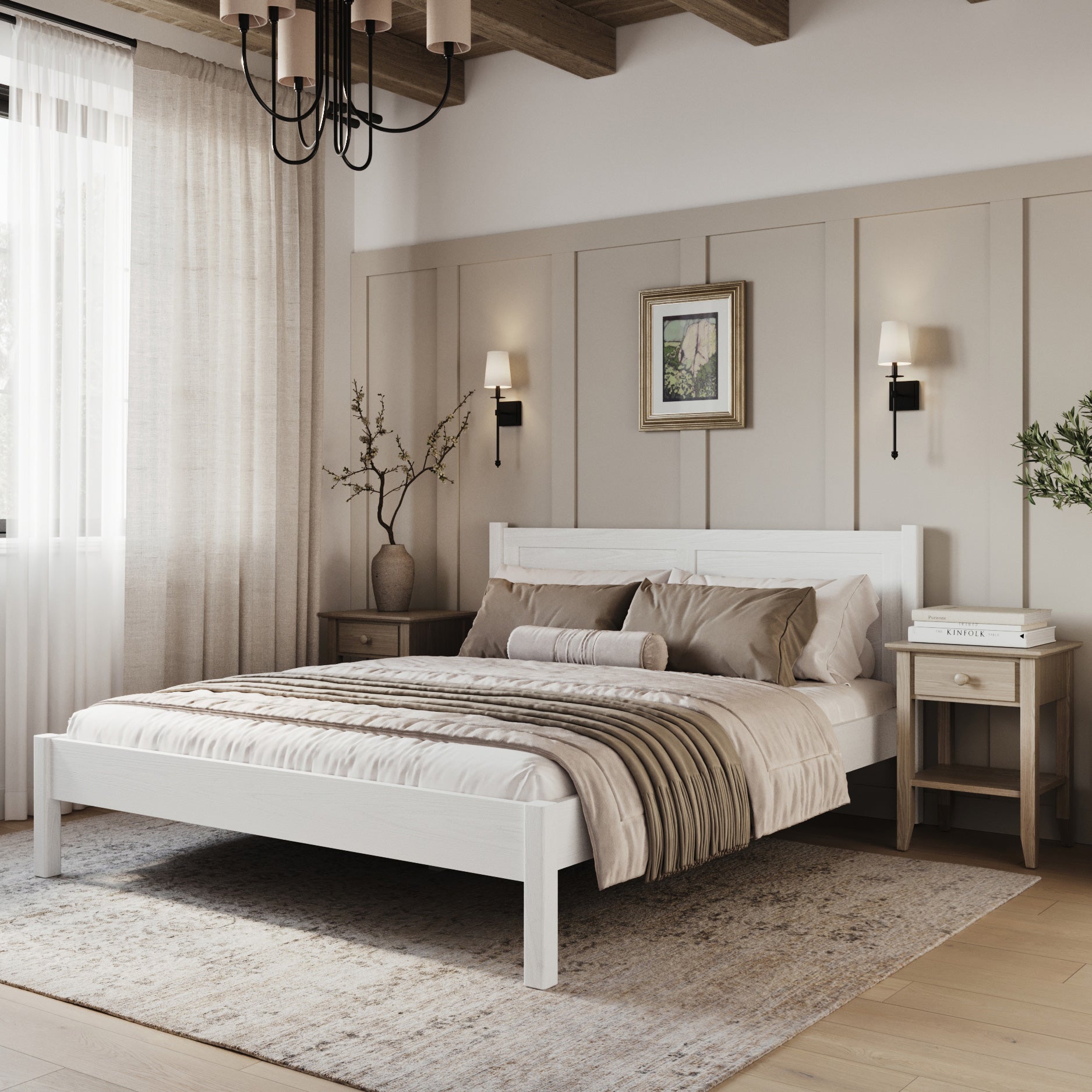 Letto matrimoniale in legno bianco – vista laterale, proporzioni e volume del mobile del mobile, camera da letto