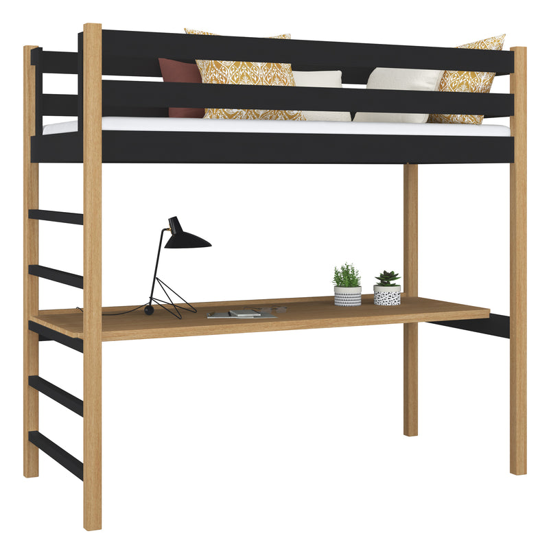 Black and Oak Wooden Loft Bed with Desk – Children’s Room, Scandi Nizio