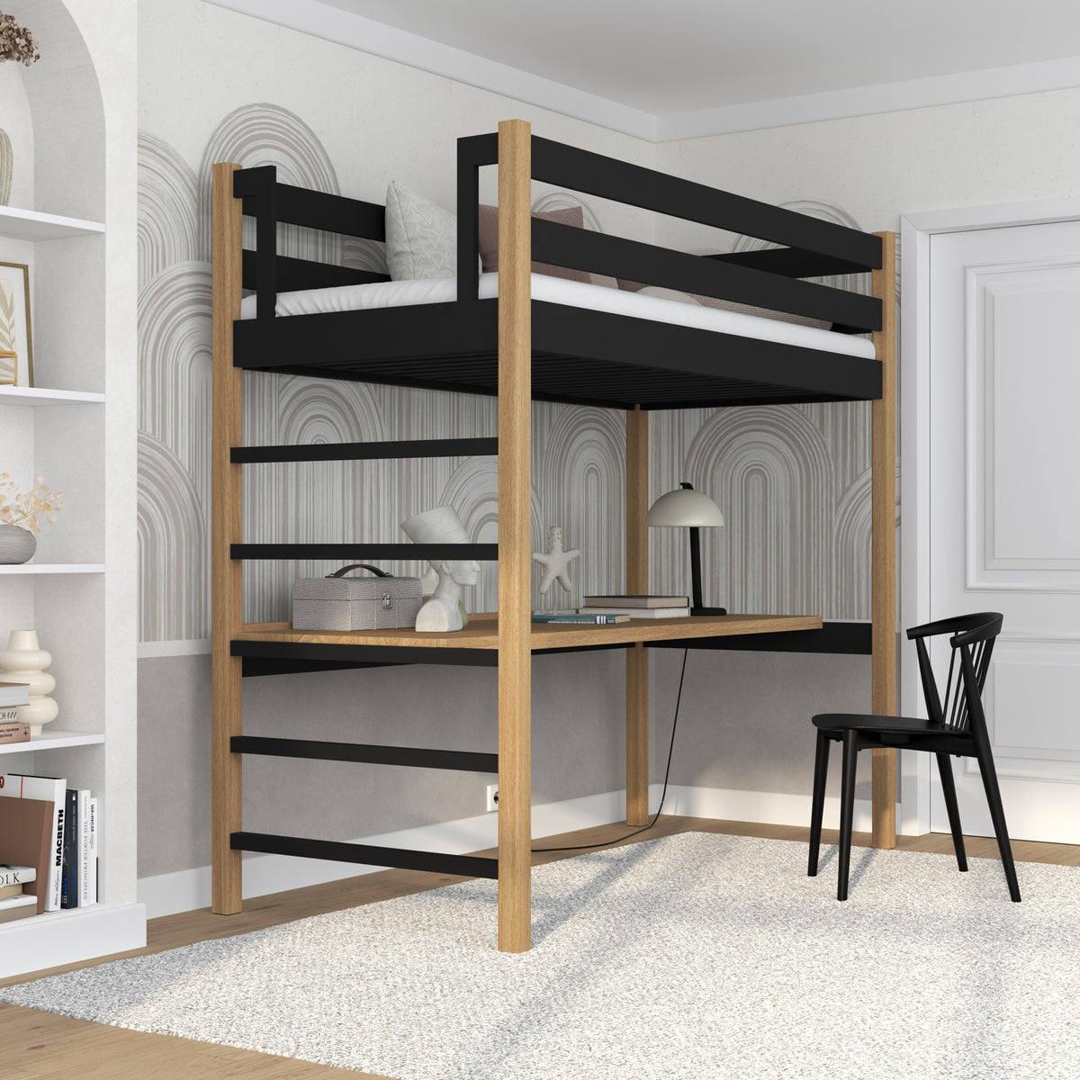 Black and Oak Wooden Loft Bed with Desk – Ladder and Safety Rail