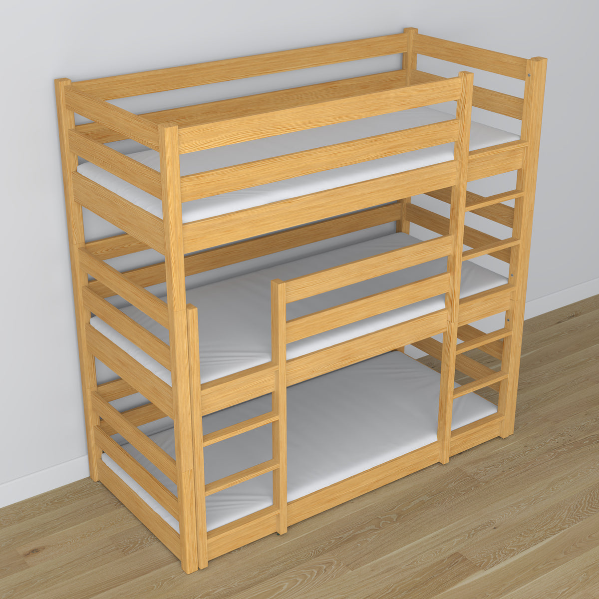 Triple bunk bed natural pine in children’s room – scandi arrangement, Nizio