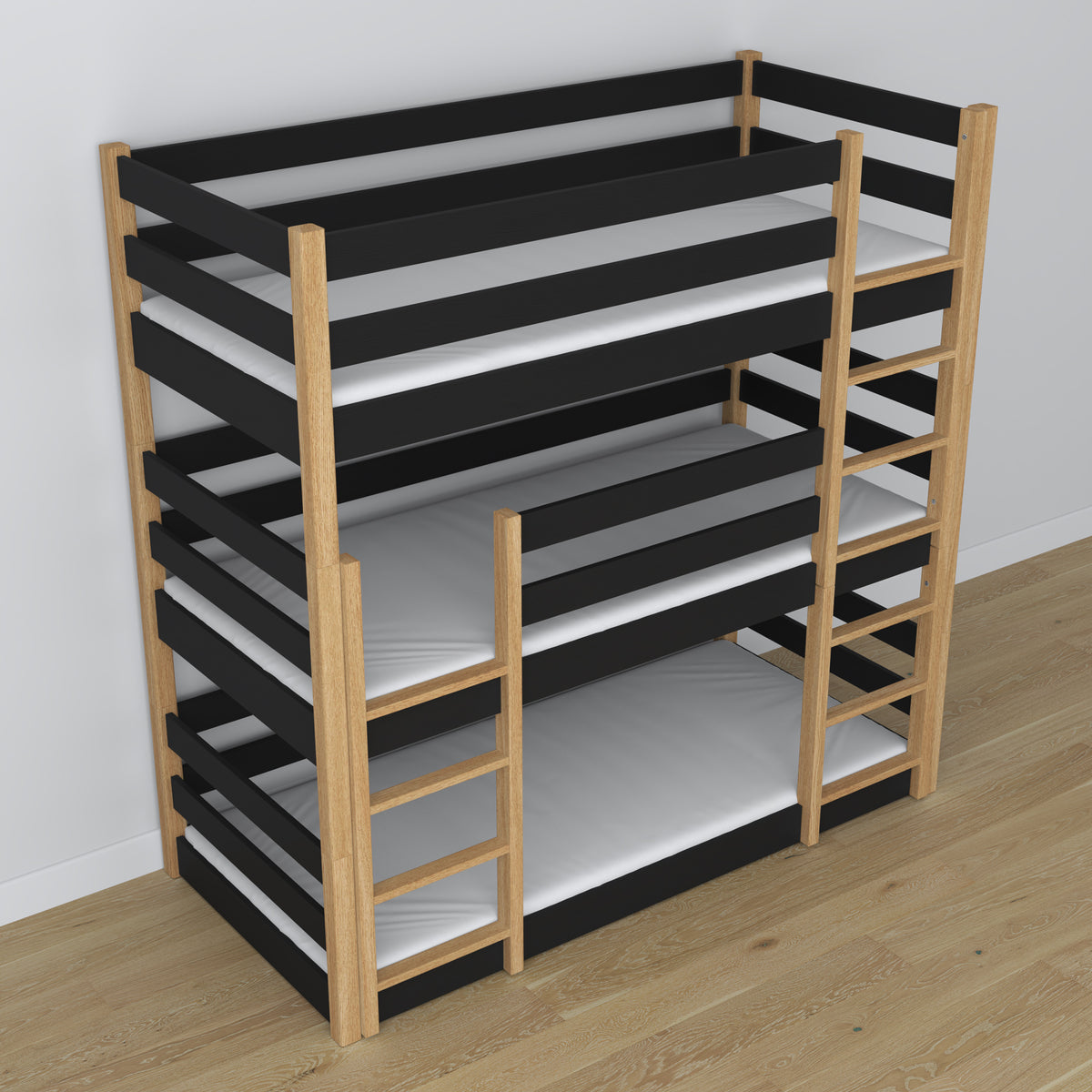 Letto 3-a castello nero con quercia in nella cameretta dei bambini – allestimento scandi, Nizio
