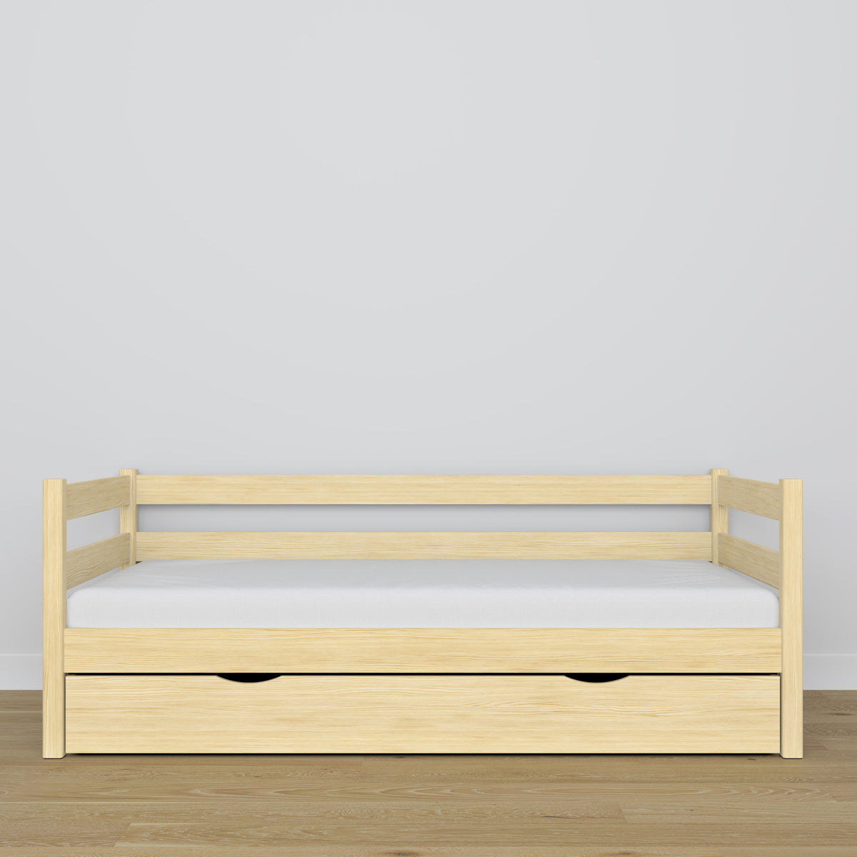 Clear pine sofa bed with drawer made of wood – dimensions and diagram, Nizio