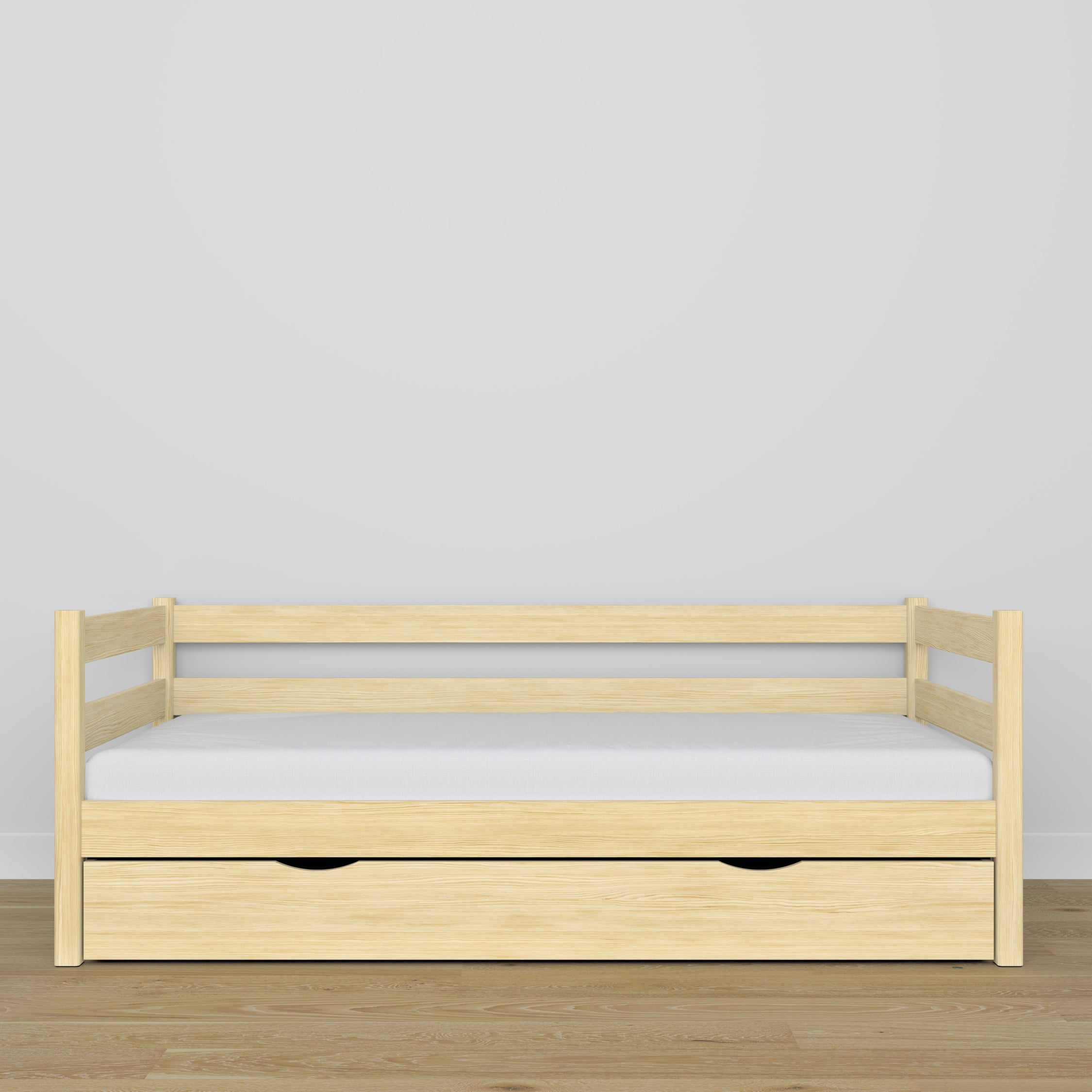 Clear pine sofa bed with drawer made of wood – dimensions and diagram, Nizio