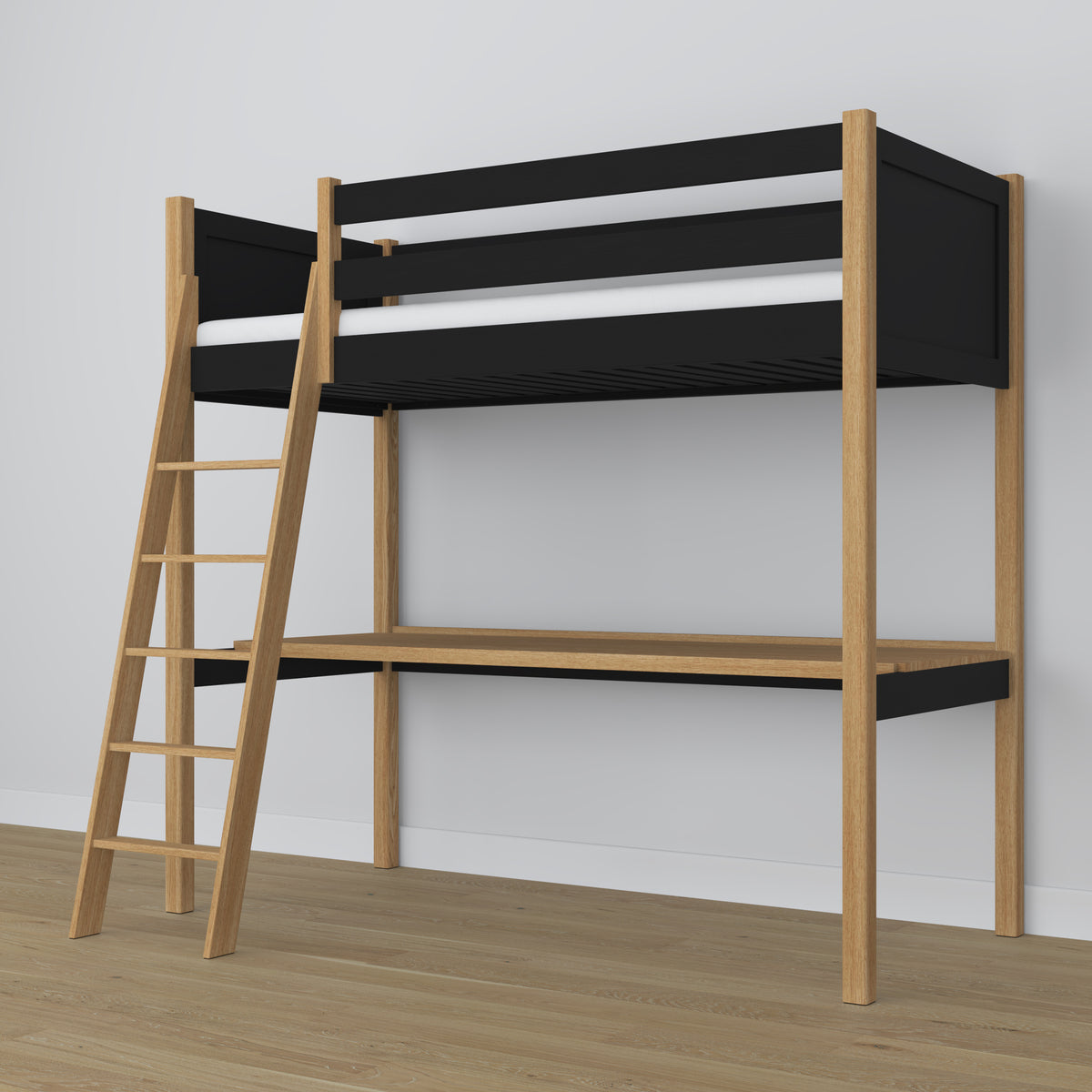 Black and Oak Wooden Loft Bed with Desk – Ladder and Safety Rail