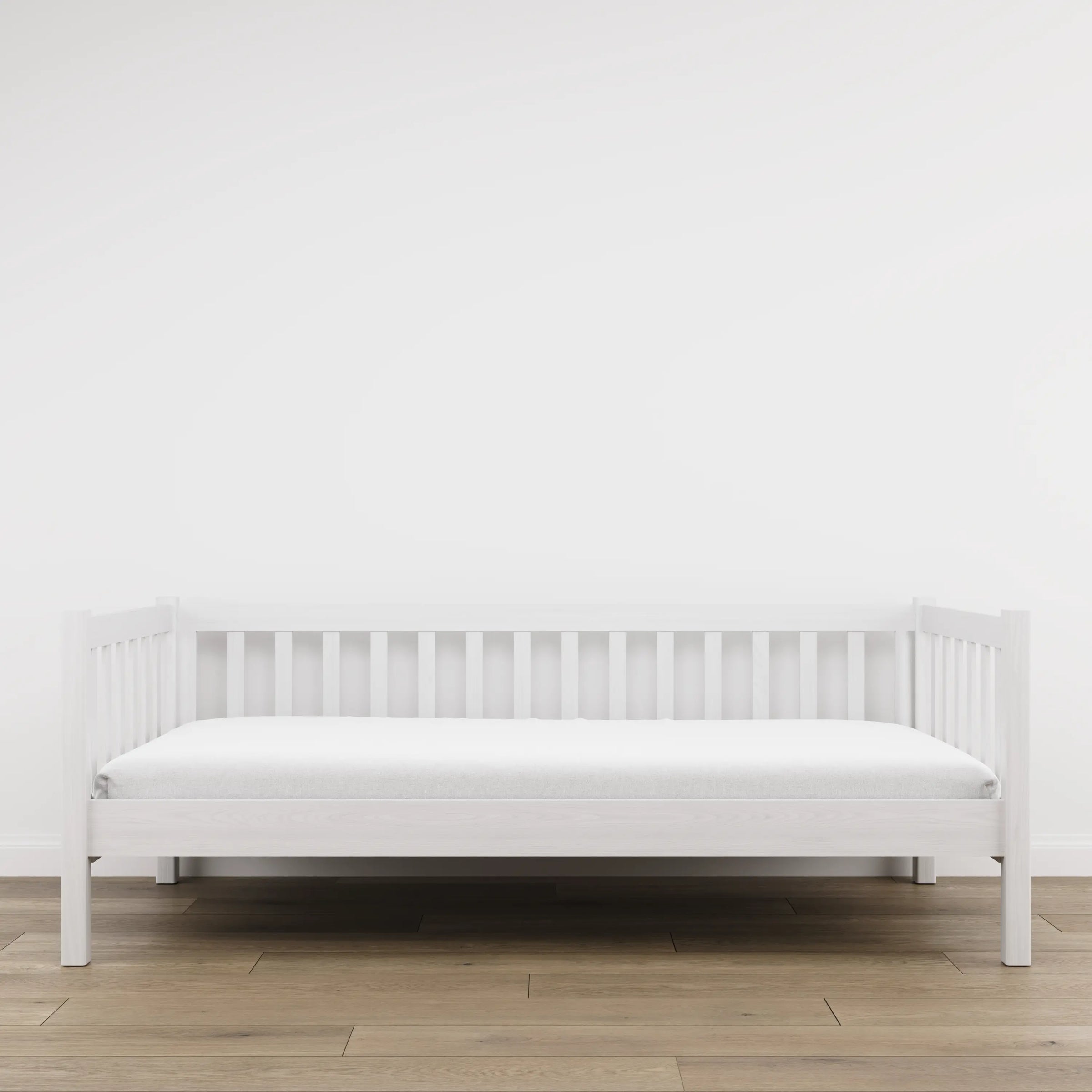 Letto divano in legno bianco – vista laterale, volume del mobile del mobile e proporzioni del mobile