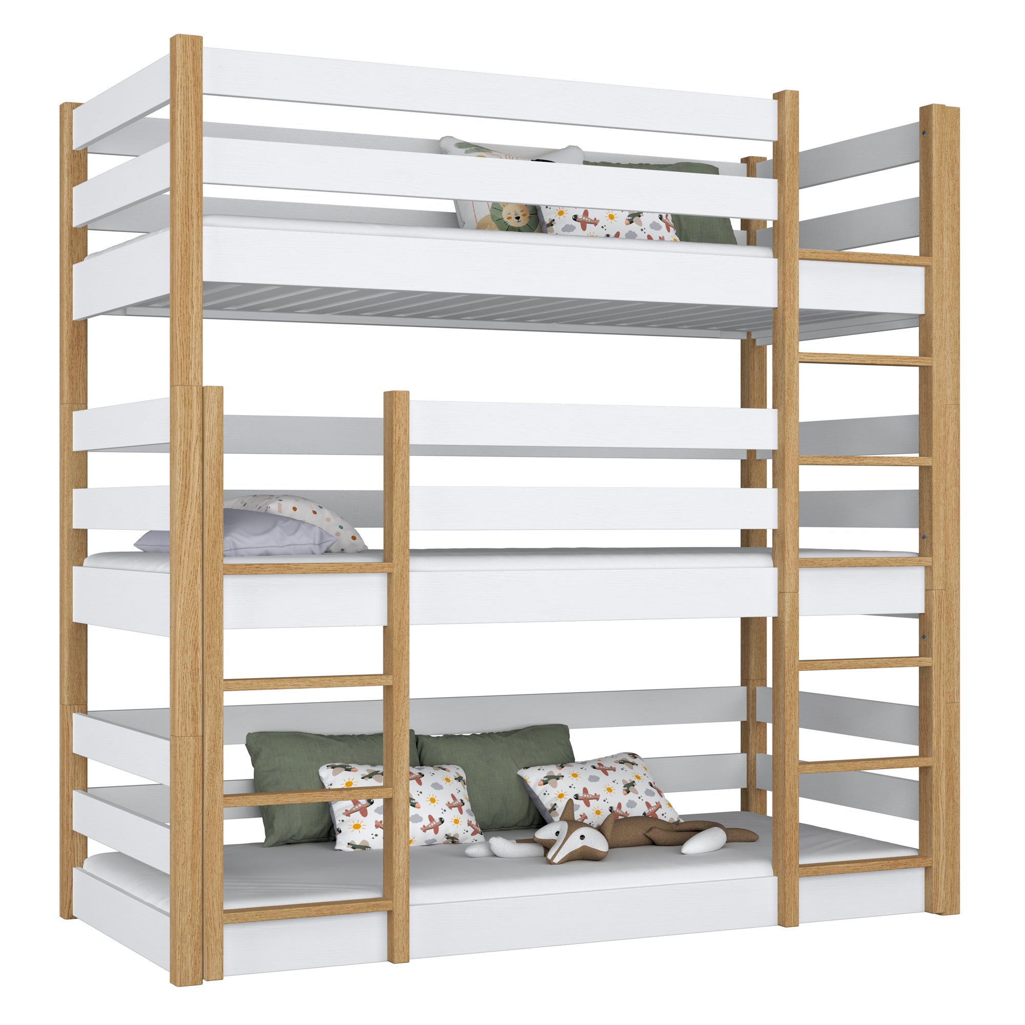 Letto 3-a castello in legno bianco con quercia – trzy spazio per dormire, stanza per bambini scandi