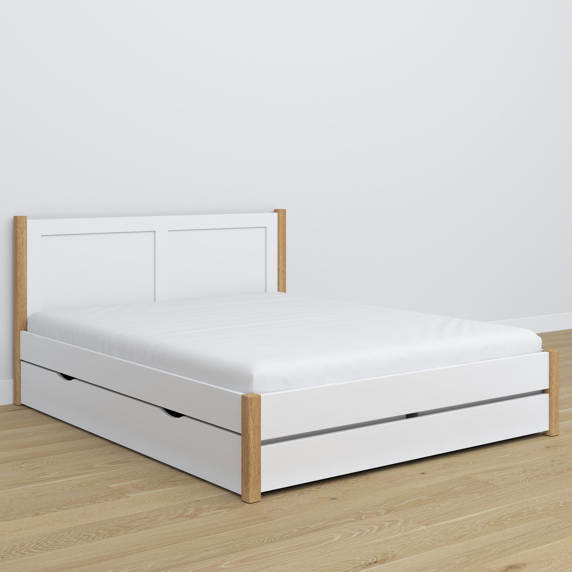 Letto matrimoniale bianco con quercia con cassetto – testiera in legno, dettaglio