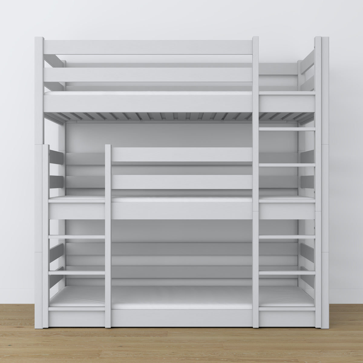 Triple bunk bed grey – ladder and safety rails, wooden