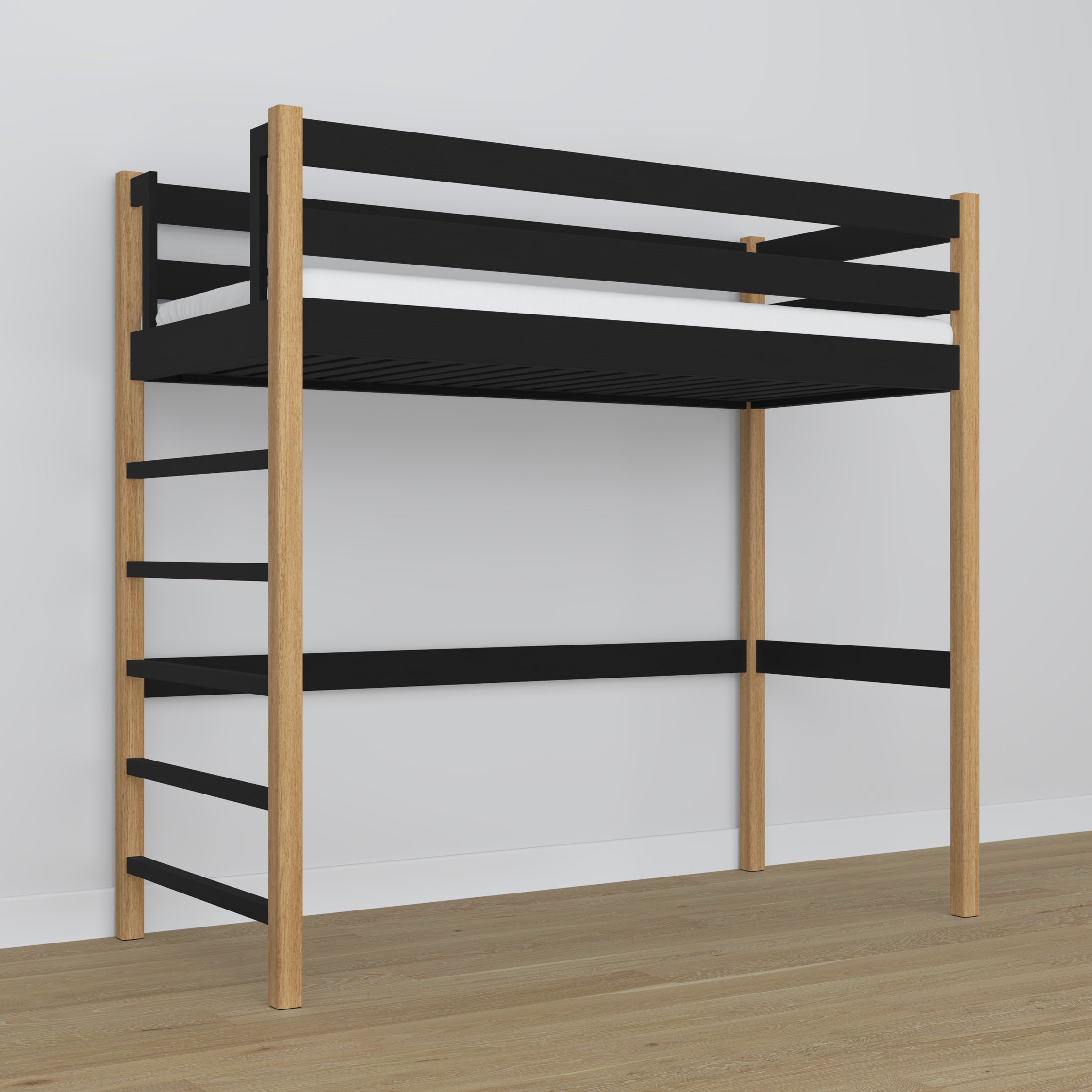 Loft bed black/oak wooden – dimensions and diagram, Nizio