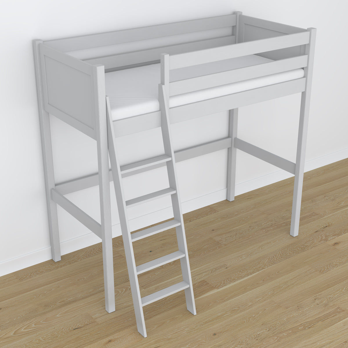 Letto a soppalco grigio in legno – vista dall'alto su camera da letto