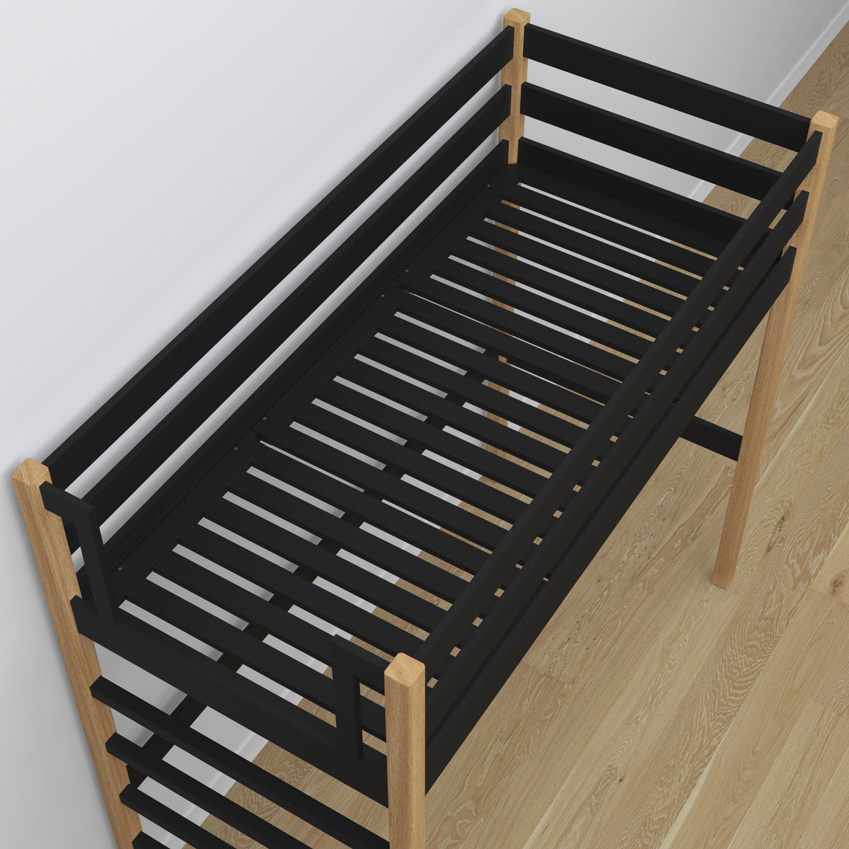 Black and Oak Wooden Loft Bed with Desk – Ladder and Joint Details