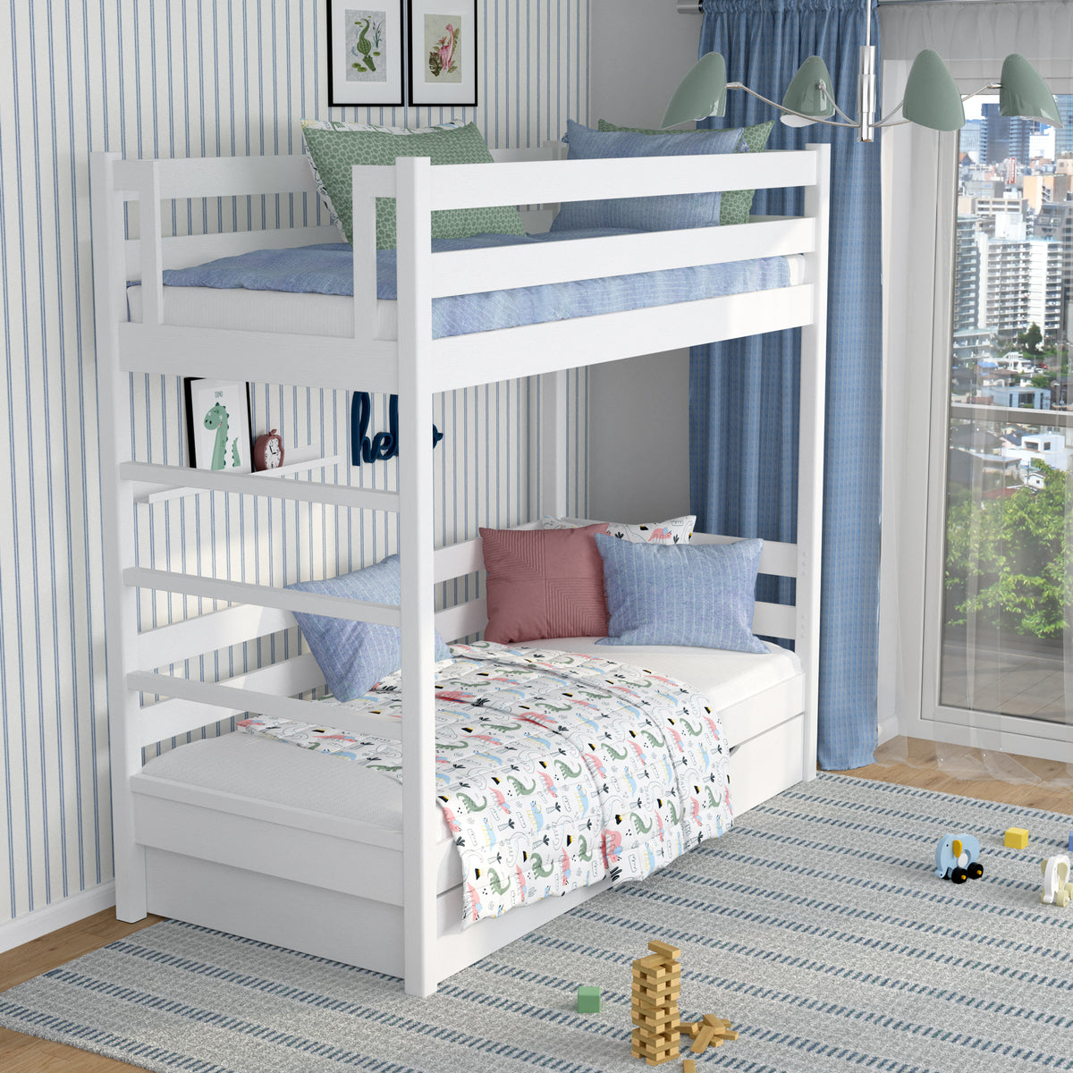 White Bunk Bed for Children – Two Sleeping Areas and Drawer, Wooden