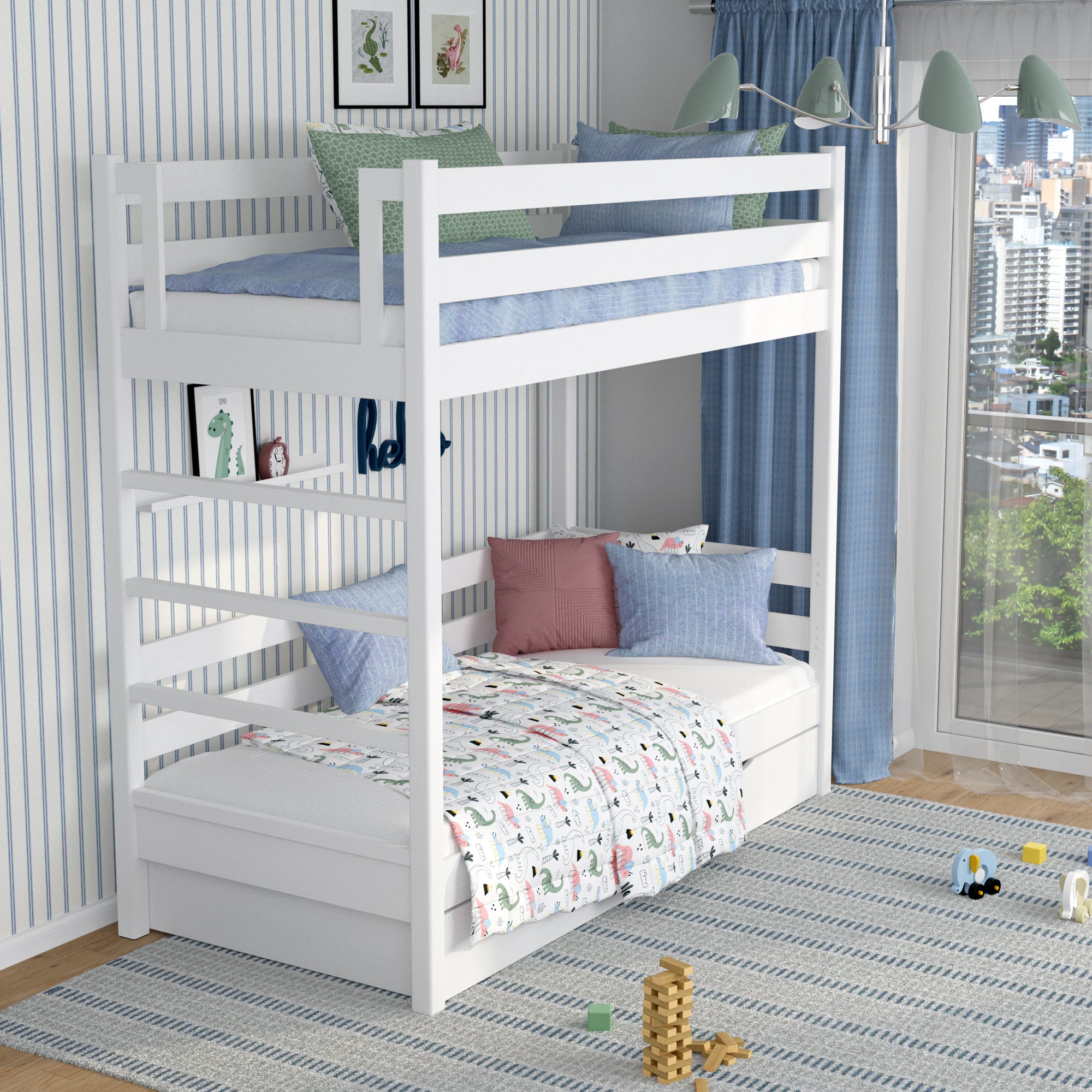 White Bunk Bed for Children – Two Sleeping Areas and Drawer, Wooden