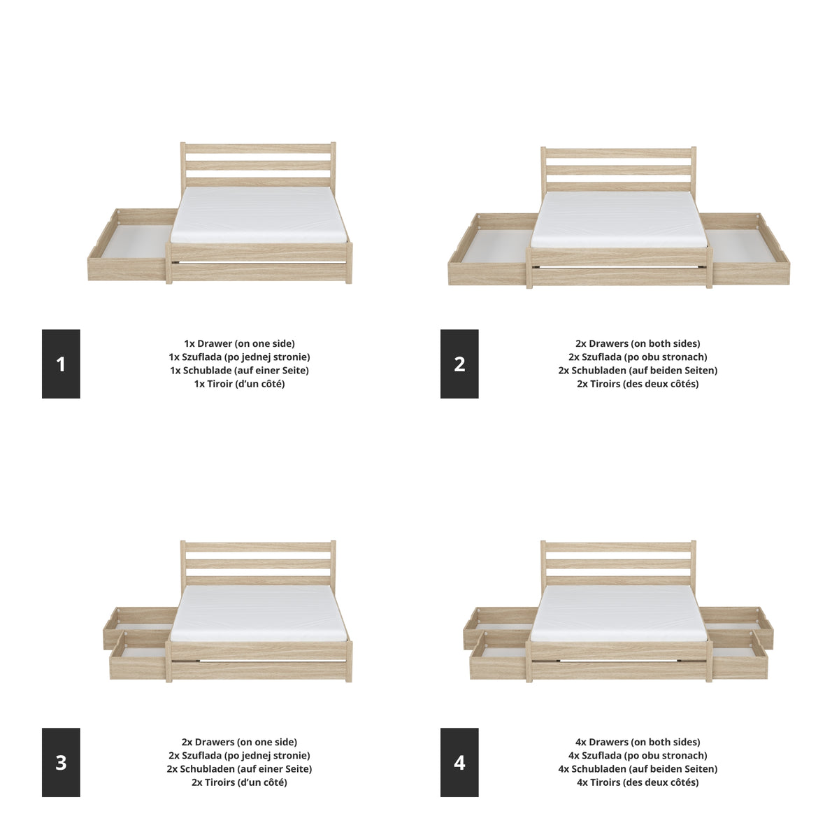 Letto matrimoniale quercia sbiancata con cassetto in camera da letto – allestimento scandinava