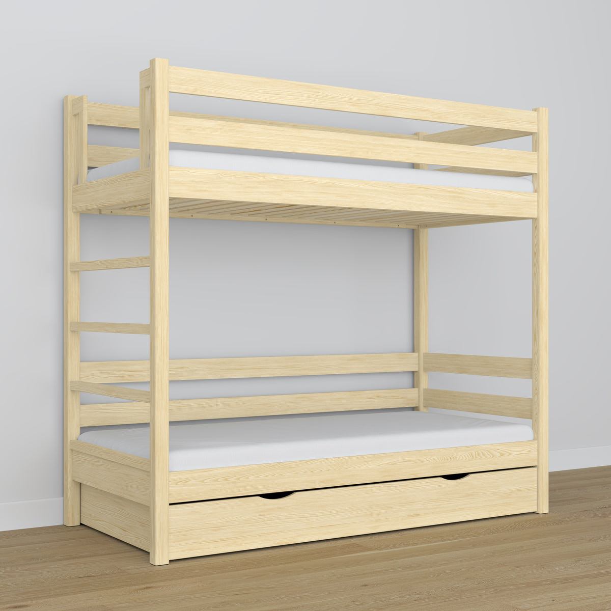 Letto a castello con cassetto pino trasparente in legno – scandinavo design, Nizio