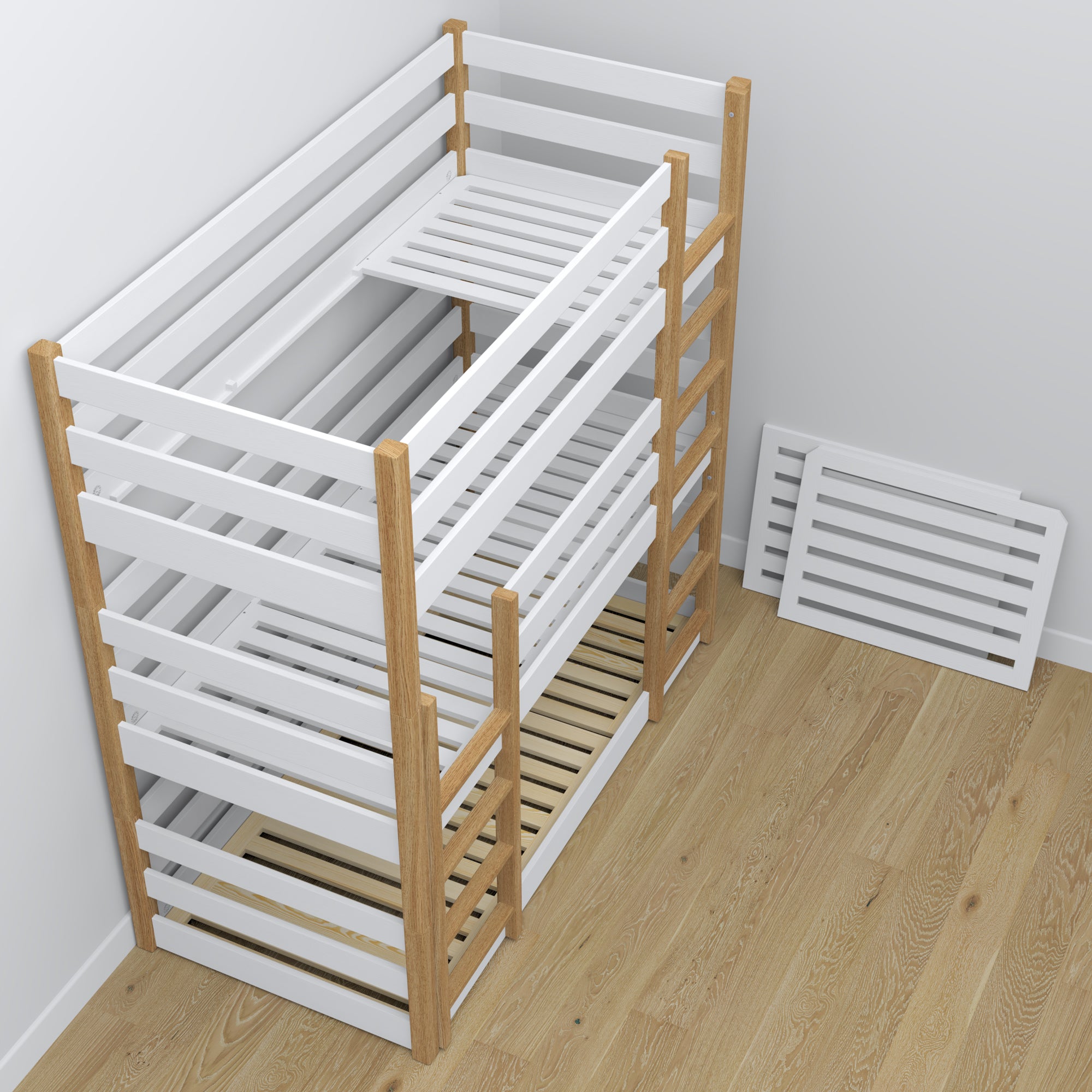 Letto 3-a castello bianco con quercia in nella cameretta dei bambini – allestimento scandi, Nizio