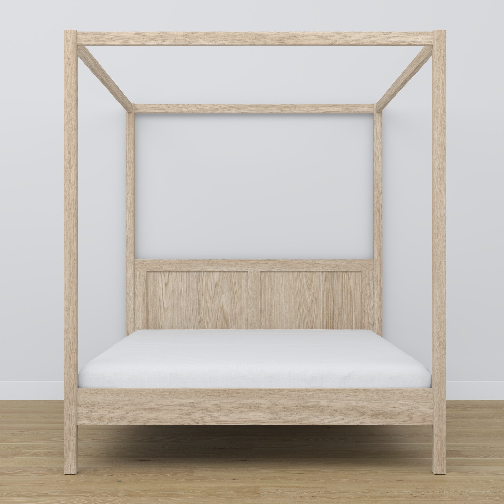 Oak double bed with canopy bleached oak – headboard and frame, close-up