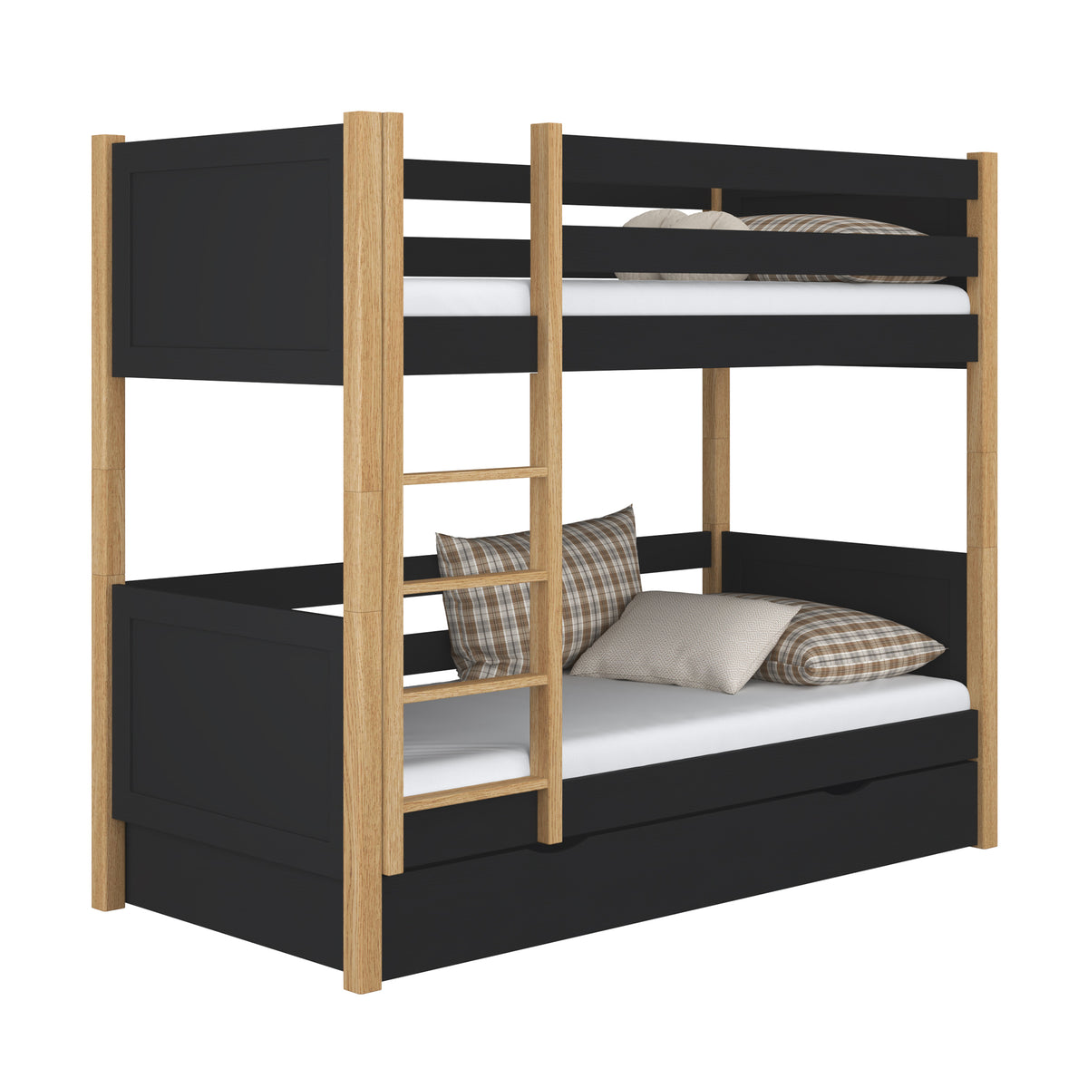 Black and Oak Wooden Bunk Bed – Open Drawer, Spacious Storage Under the Bed