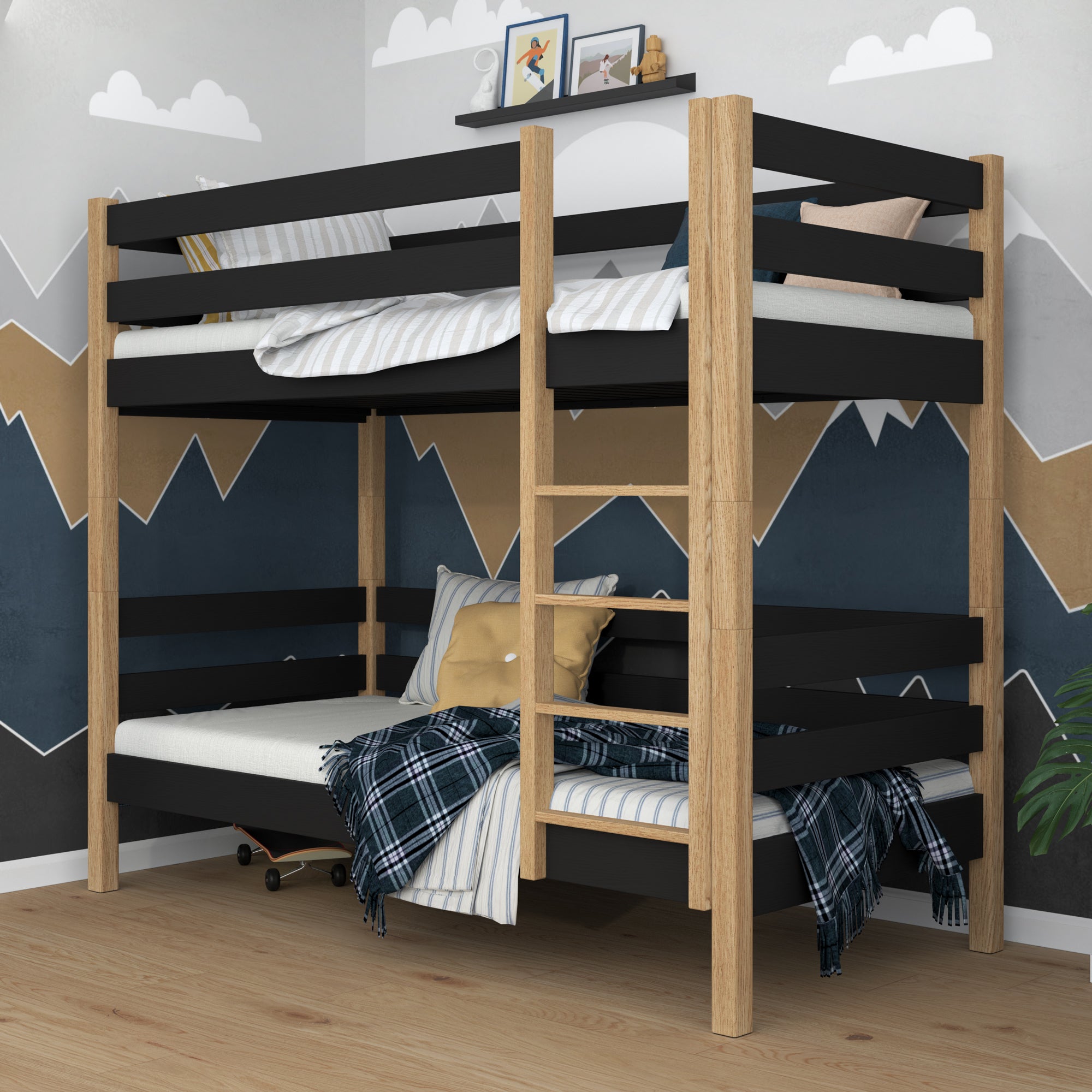 Black and Oak Wooden Bunk Bed – Two Sleeping Areas in One, Safe Construction