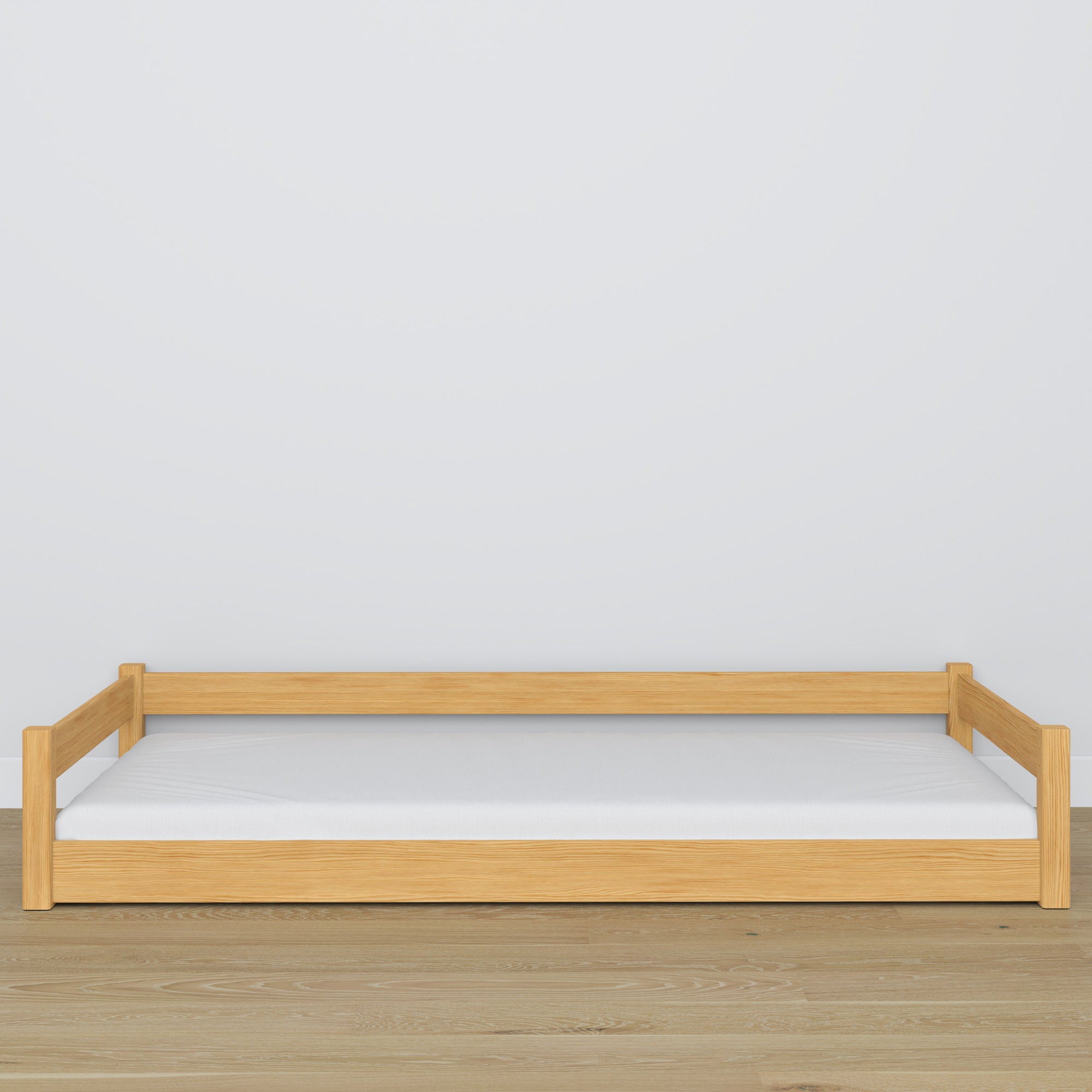 Letto basso in legno pino naturale – cornice bassa, vista laterale, camera da letto stile scandi