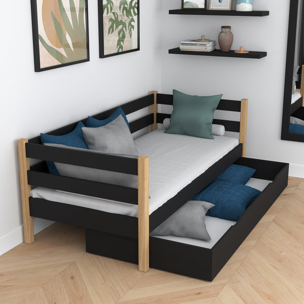 Łóżko sofa czarno-dębowy z szufladą – pojemny schowek, drewniane, Nizio