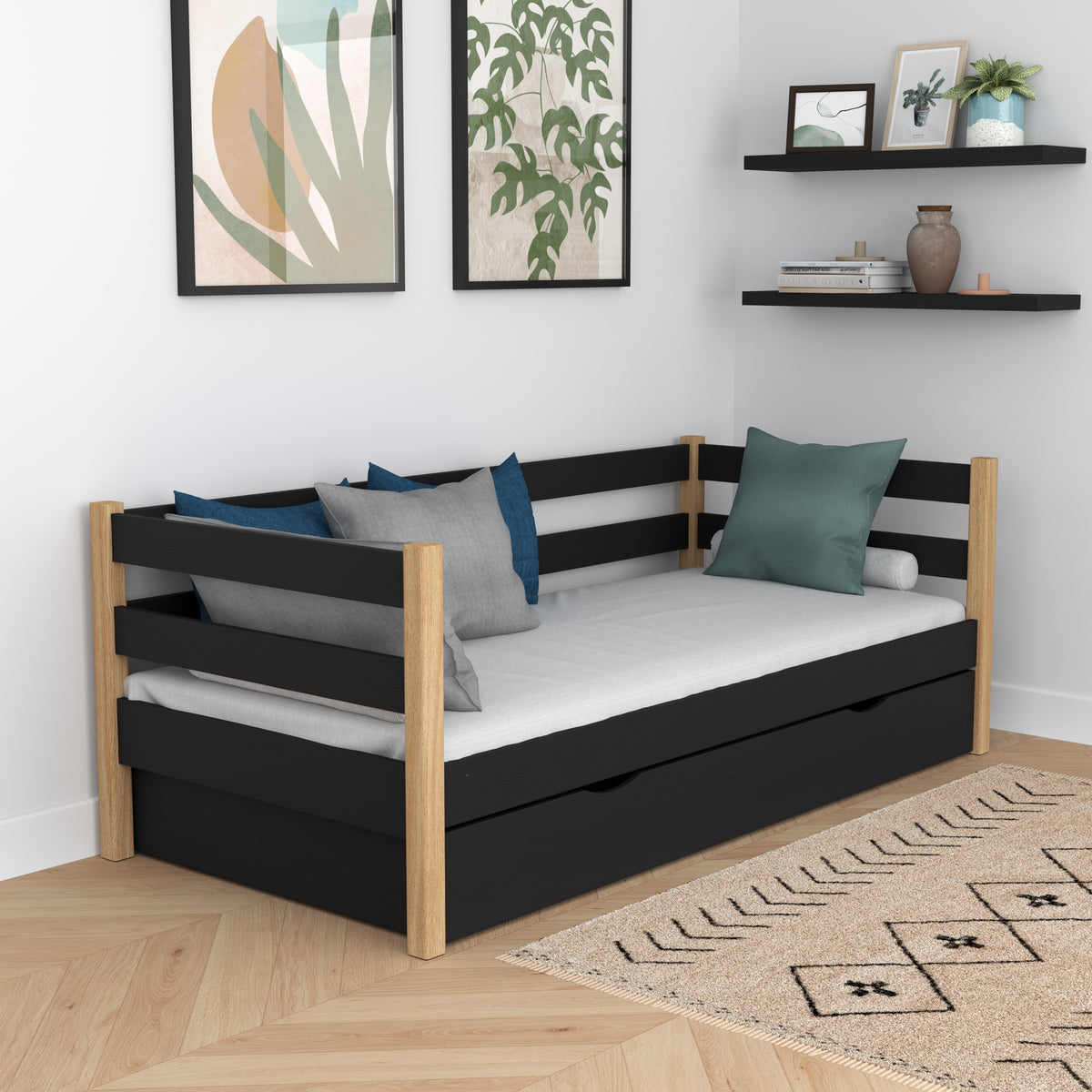 Łóżko sofa z szufladą N01 czarno dębowy – widok z innej perspektywy, solidne drewno