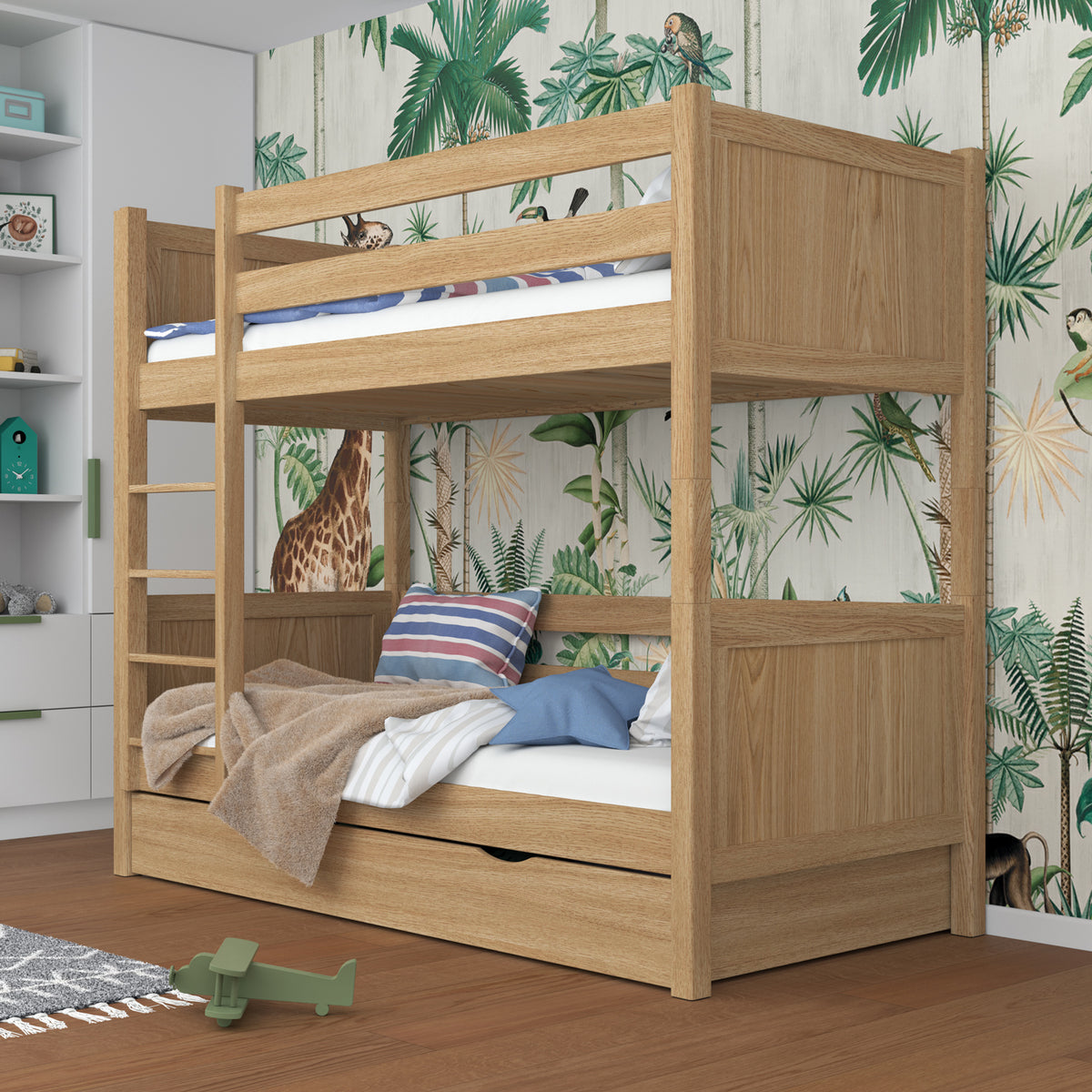 Letto a castello quercia naturale per bambini – due della camera da lettoe e cassetto, in quercia