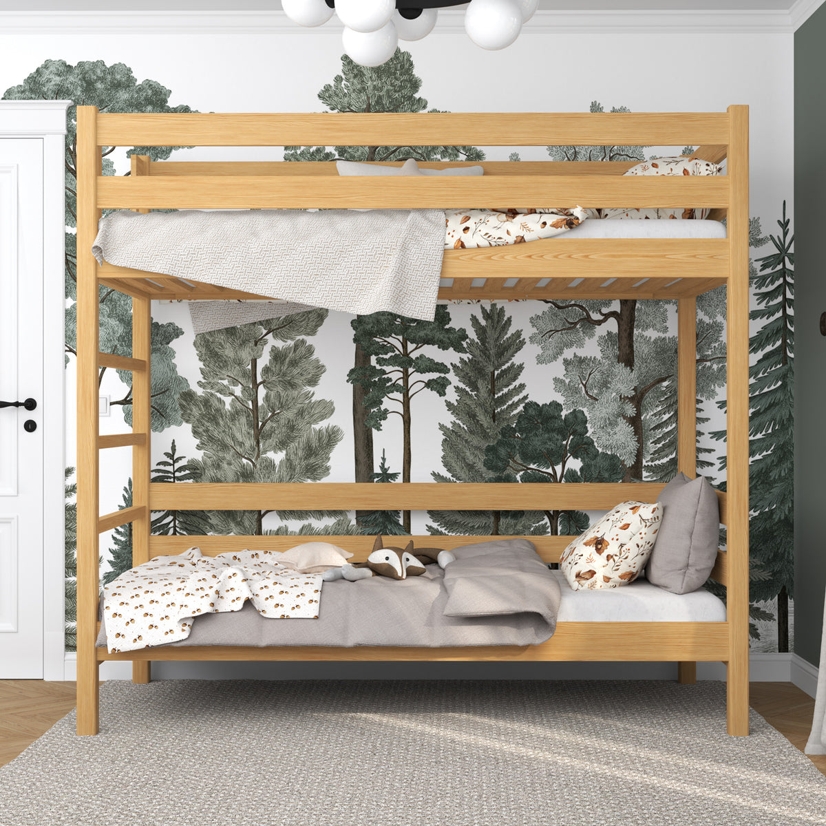 Letto a castello pino naturale – scala e sponda di protezione in legno, Nizio Home