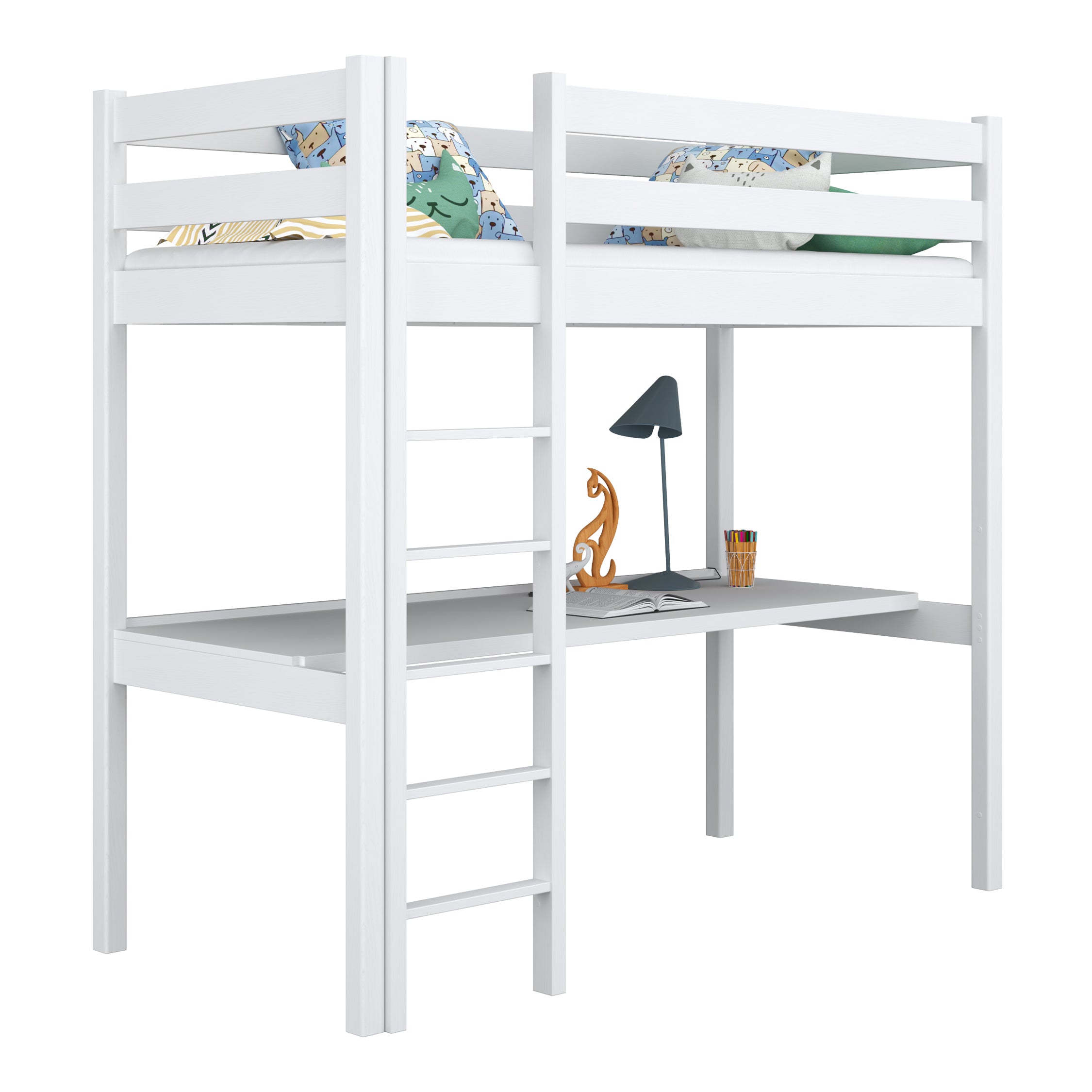 Letto a soppalco bianco con scrivania – spazio studio sotto il letto, in legno