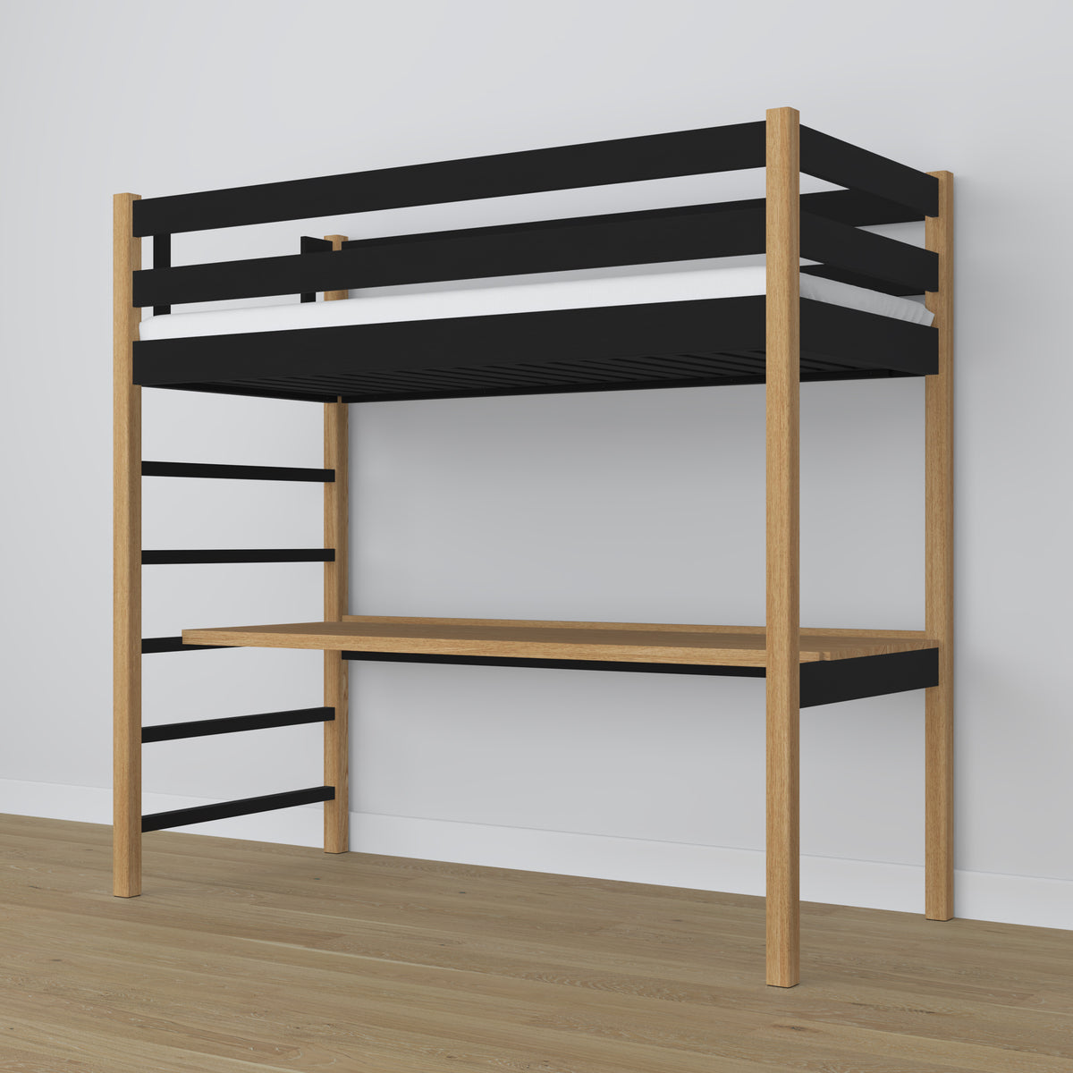 Loft bed black/oak wooden – top view of the sleeping area, Nizio