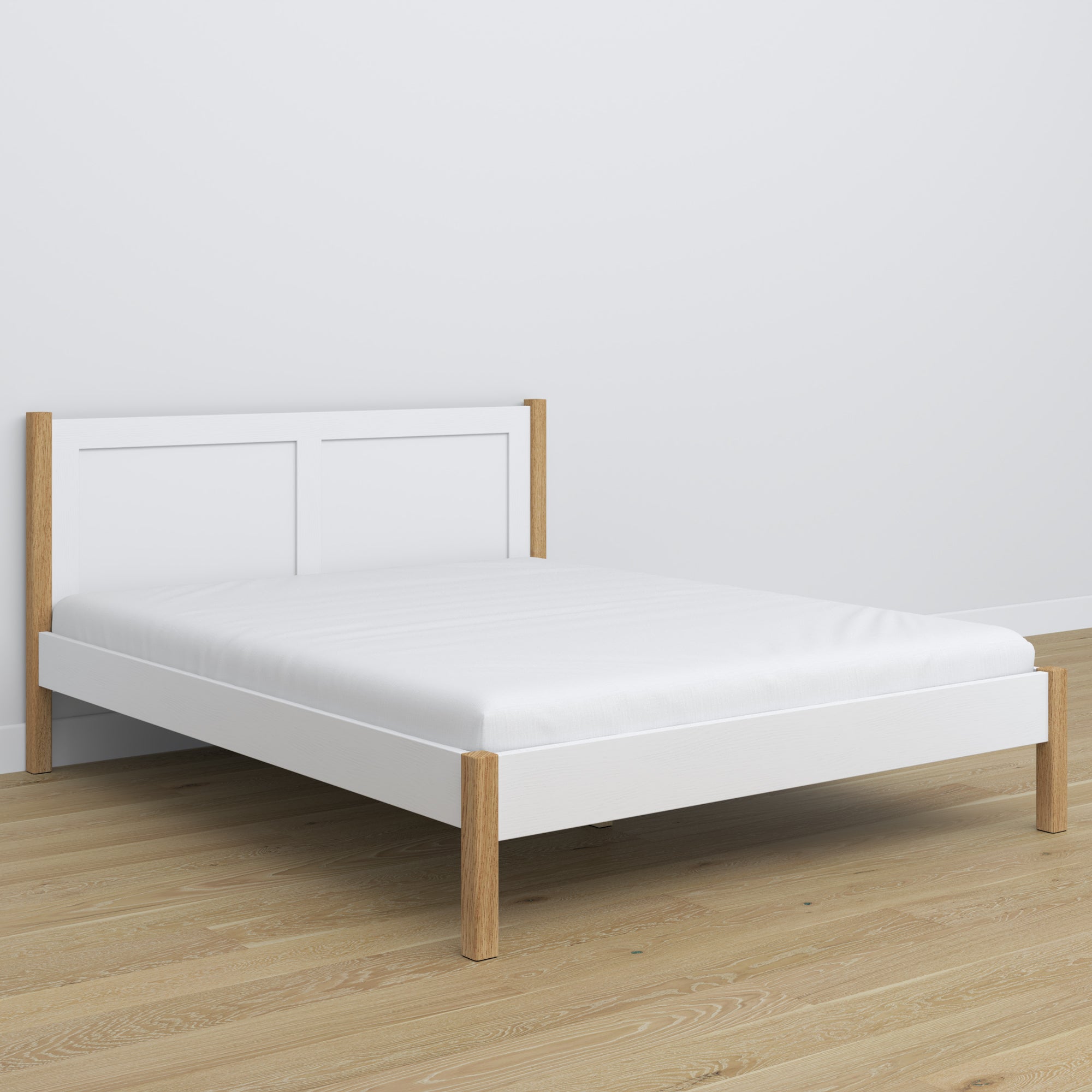 Letto matrimoniale bianco-quercia – testiera in legno, dettaglio su qualità legno