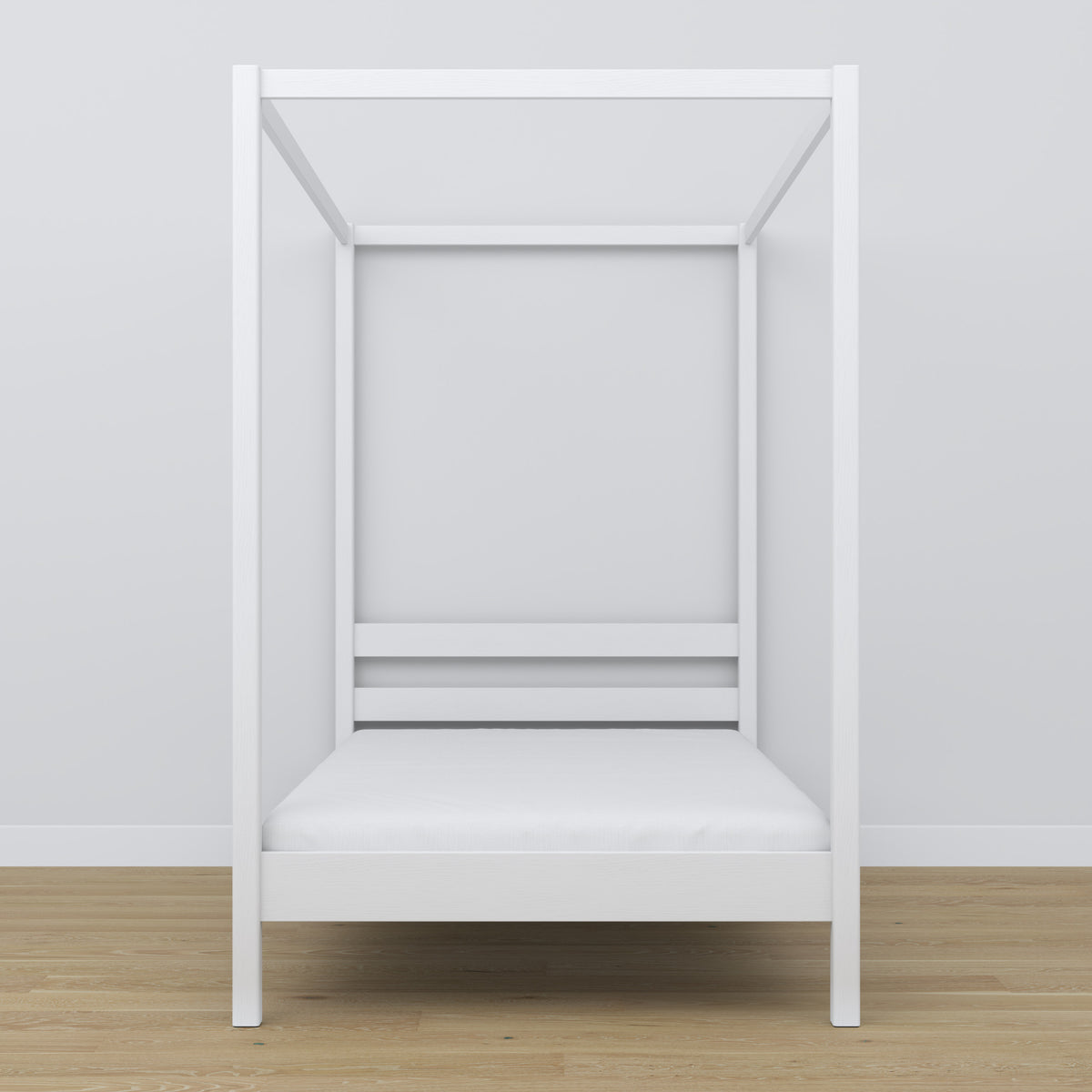 Wooden canopy bed white – side view, furniture proportions